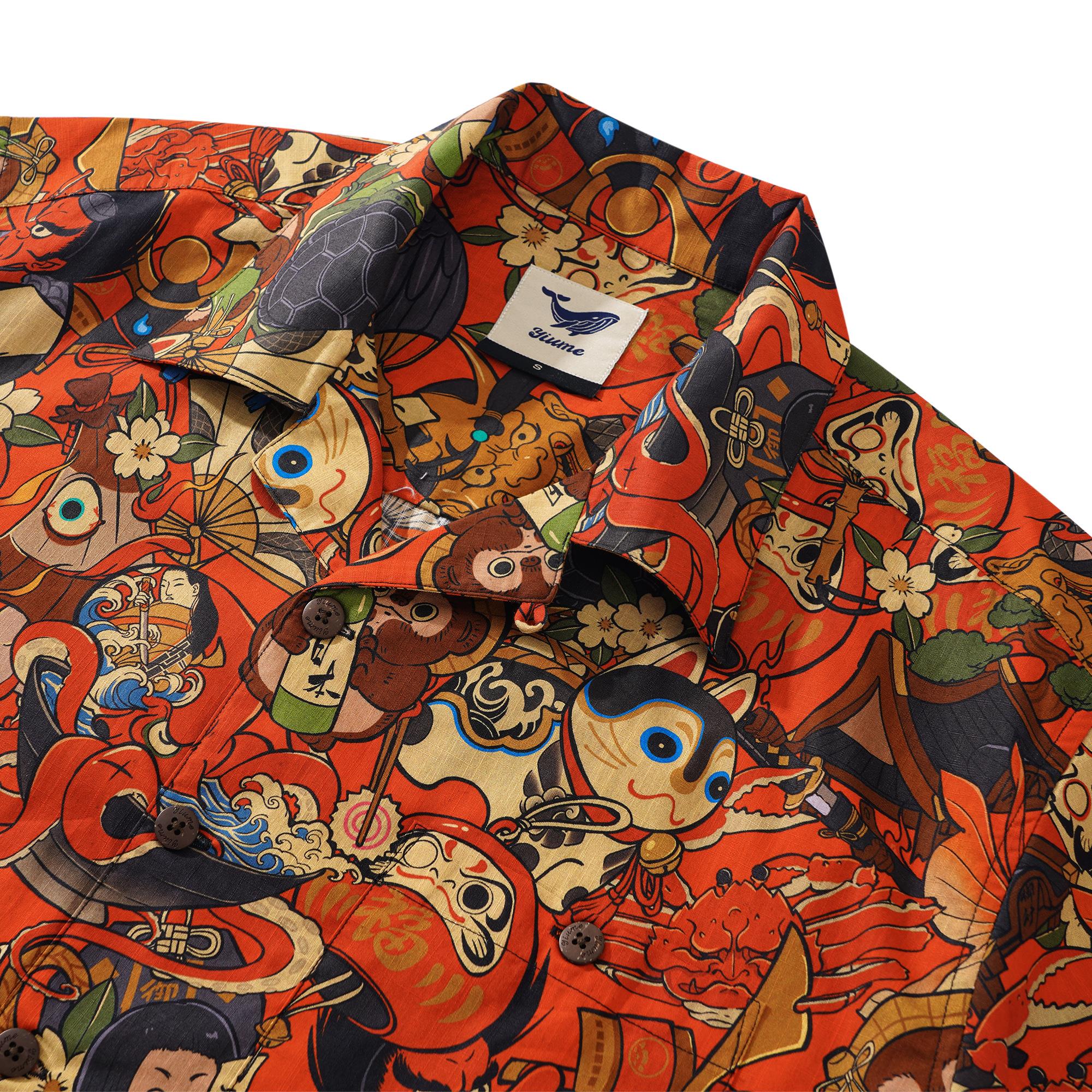 Men's Hawaiian Shirt Short Sleeve Camp Collar 100% Cotton Red Aloha Good Fortune Spirits