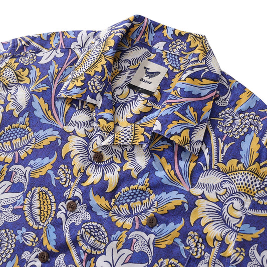 Hawaiian Shirt For Men Azure Garden Print Shirt Camp Collar 100% Cotton