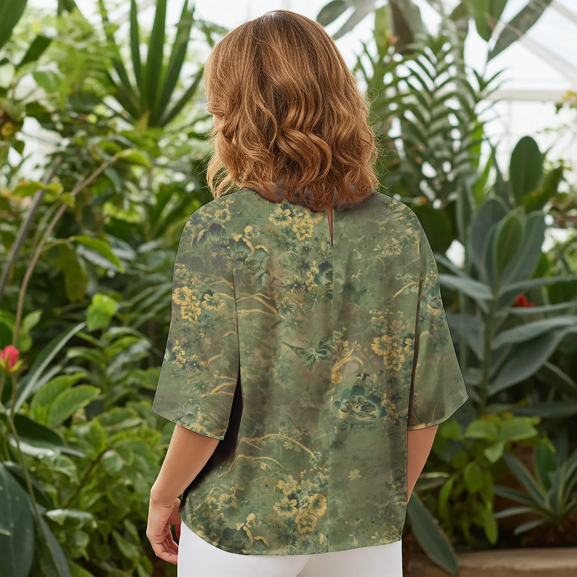 Women Casual Blouse Elbow Sleeve Round Neck Button-Back 95% Tencel, 5% Linen Green Aloha Tranquil Flower Glow