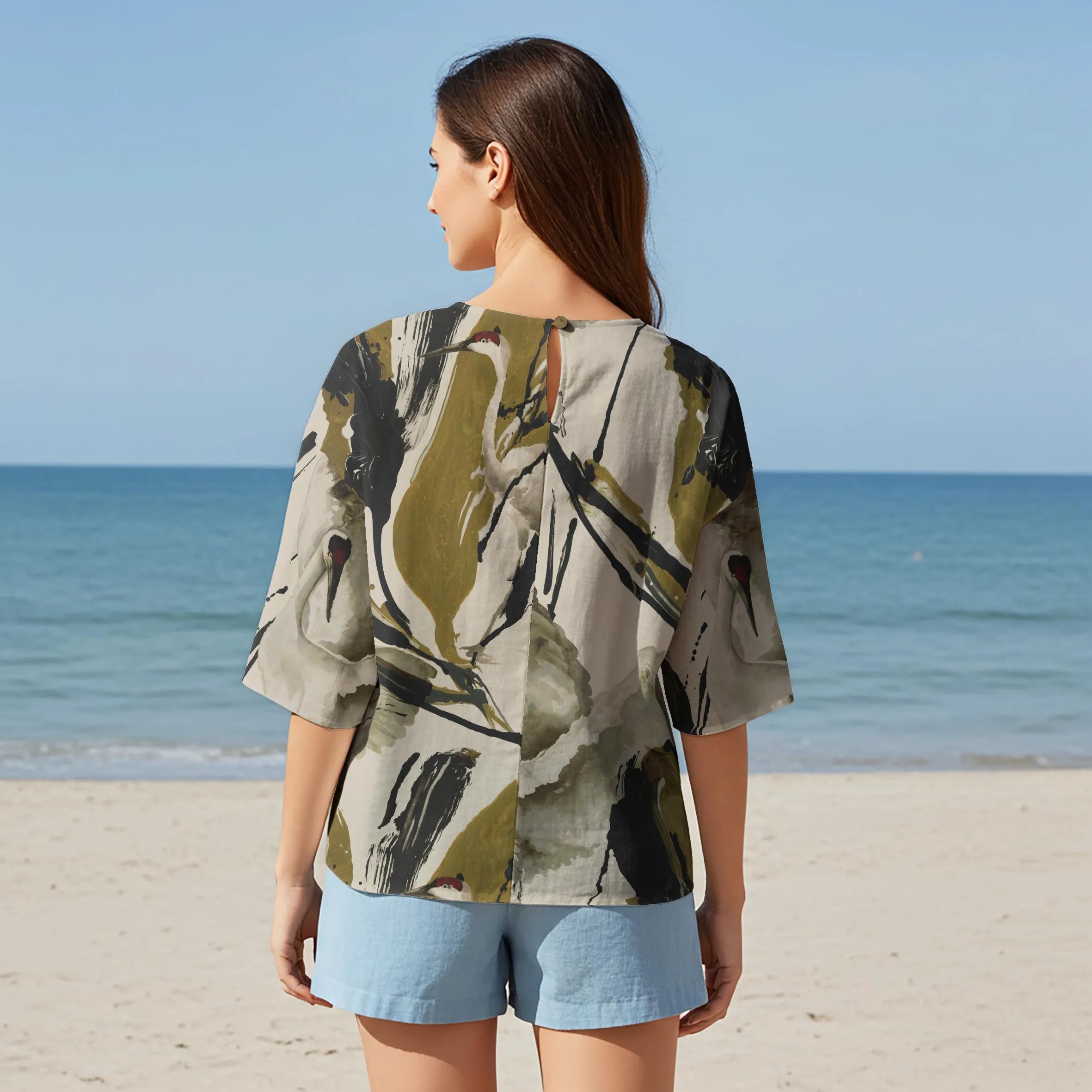 Women Casual Blouse Elbow Sleeve Round Neck Button-Back 95% Tencel, 5% Linen Gray Aloha Harmony Of The Crane And The Brush