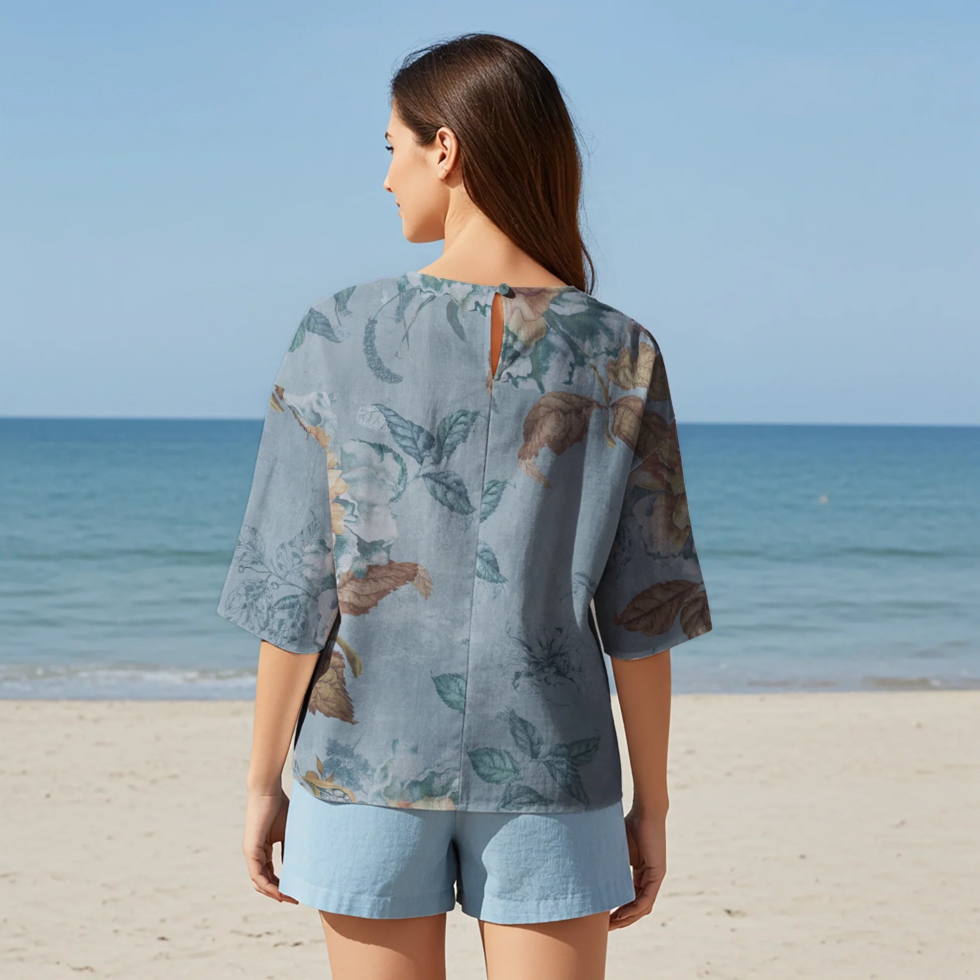 Women Casual Blouse Elbow Sleeve Round Neck Button-Back 95% Lyocell, 5% Linen Green Aloha Oil Painted Floral Haven
