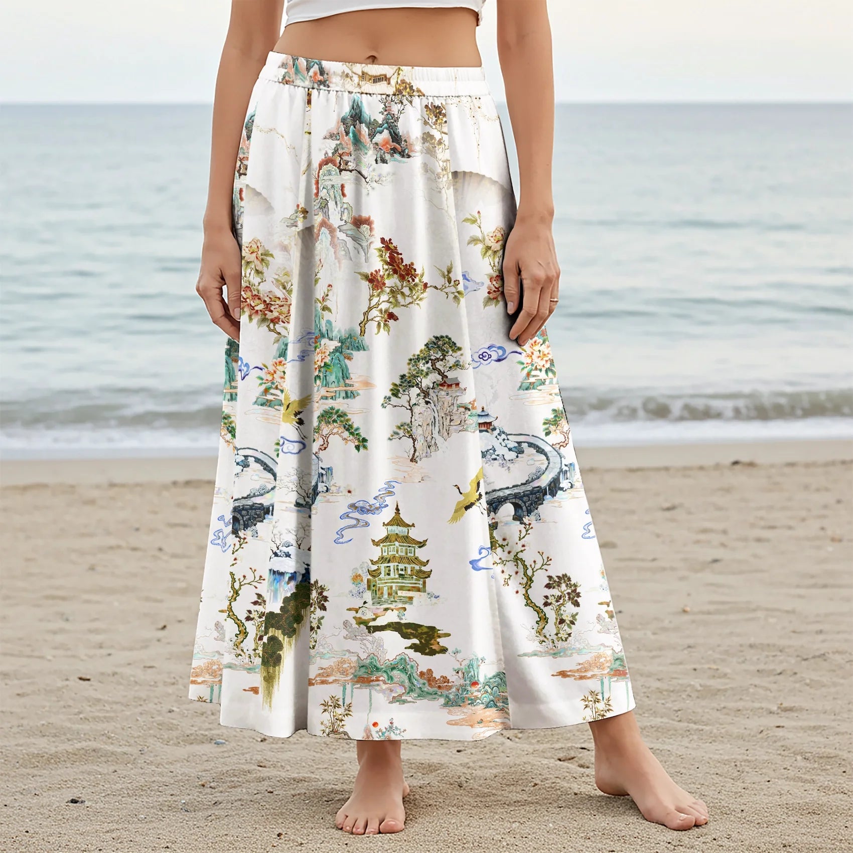 Women Casual Maxi Skirt Long Elastic Waist with Pockets 100% Cotton White Aloha Eastern Enchantment