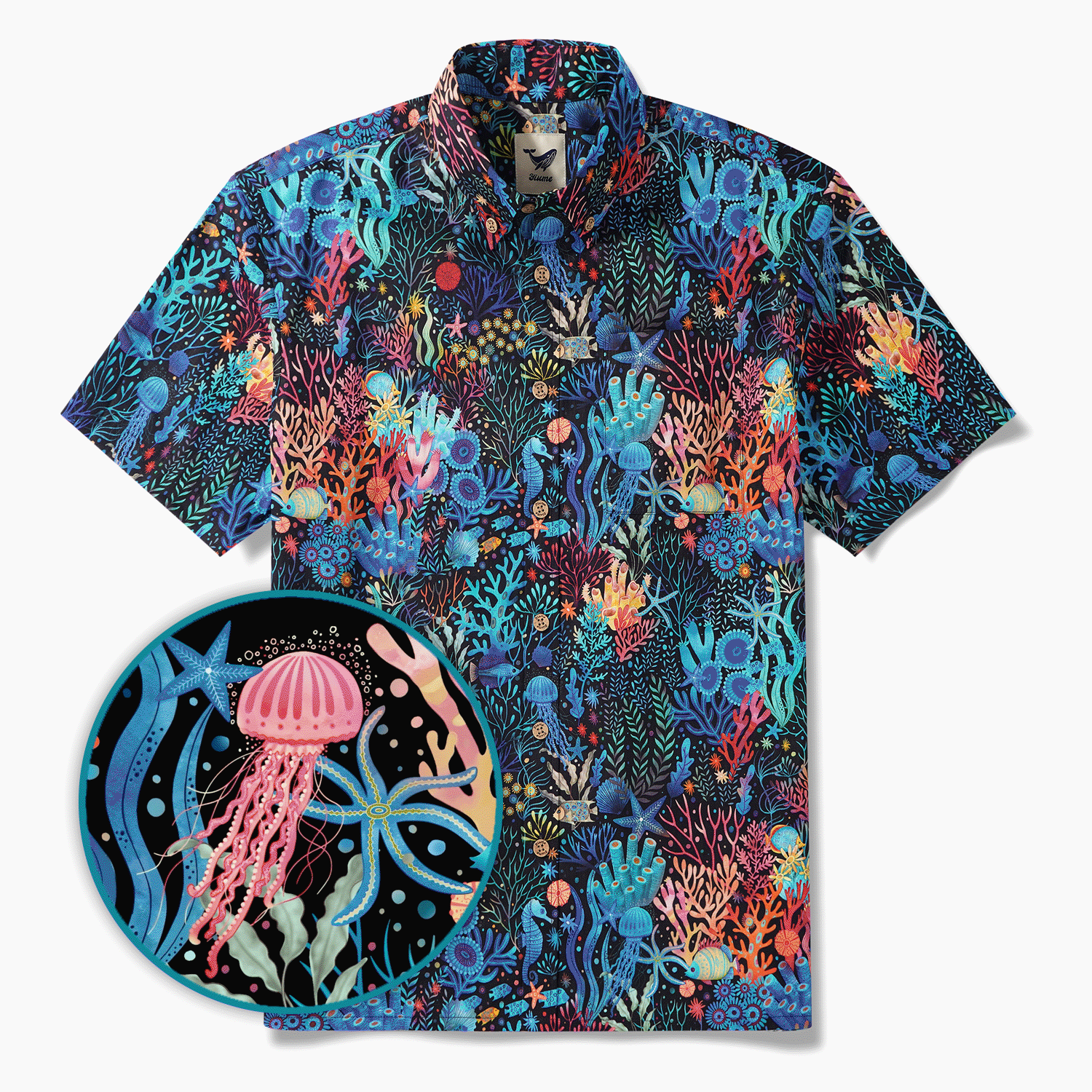Men's Hawaiian Shirt Short Sleeve Button-down 100% Cotton Blue Aloha Underwater Wonderland