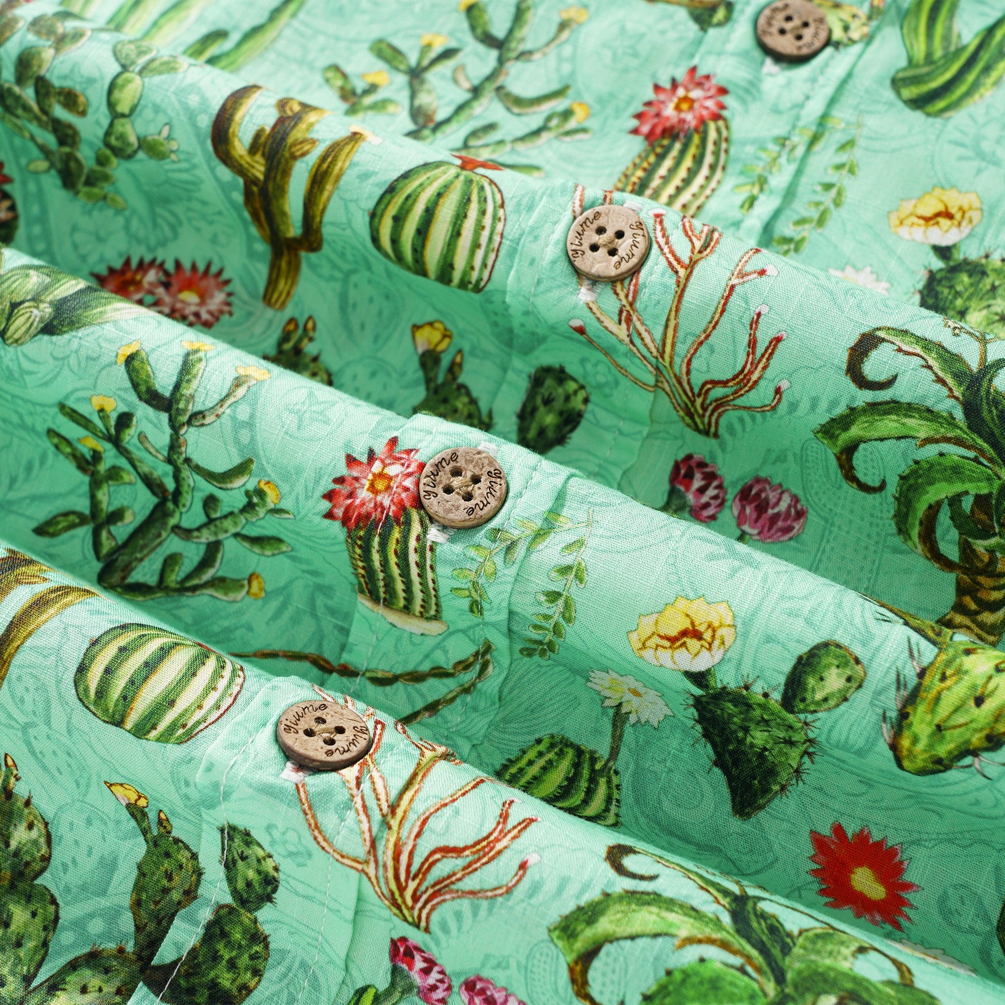 Men's Hawaiian Shirt Short Sleeve Button-down 100% Cotton Green Aloha Western Cactus Oasis