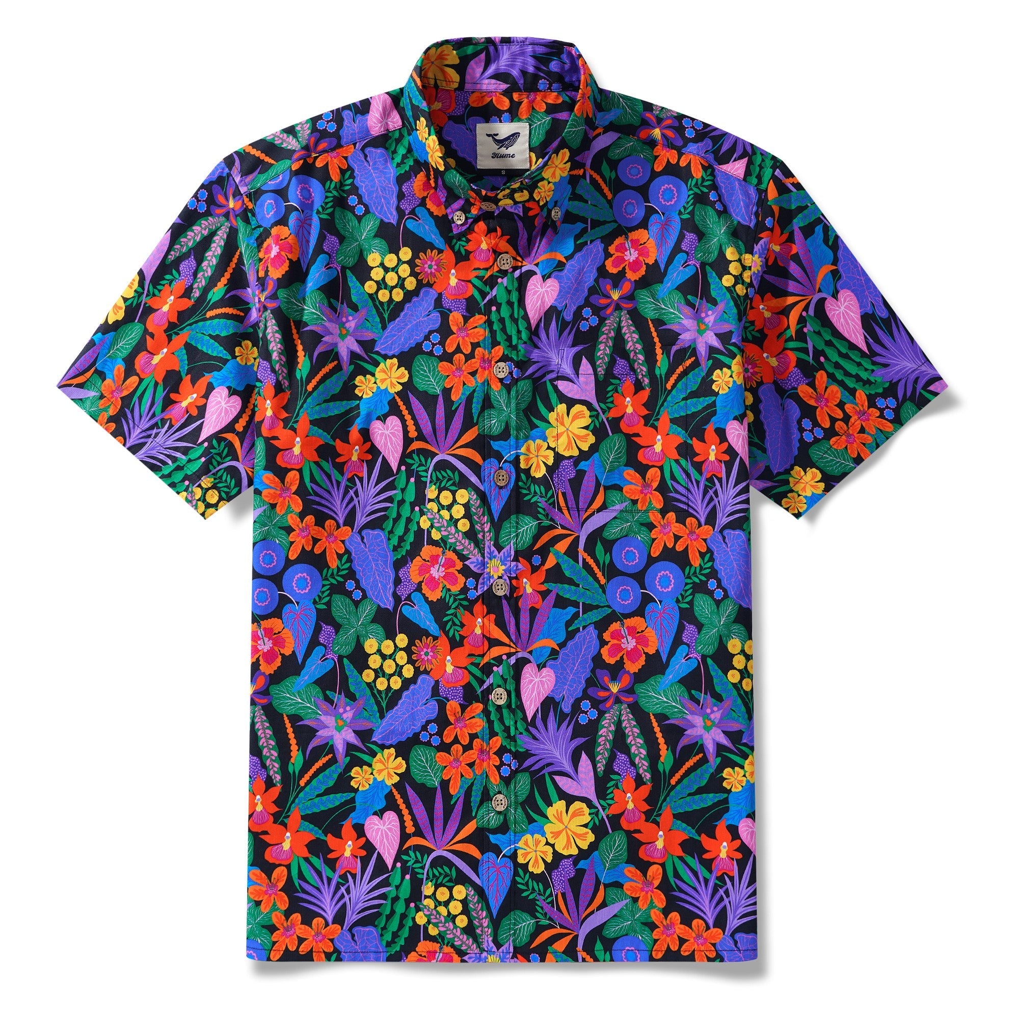 Men's Hawaiian Shirt Short Sleeve Button-down 100% Cotton Black Aloha Flower Power By Rachel Parker