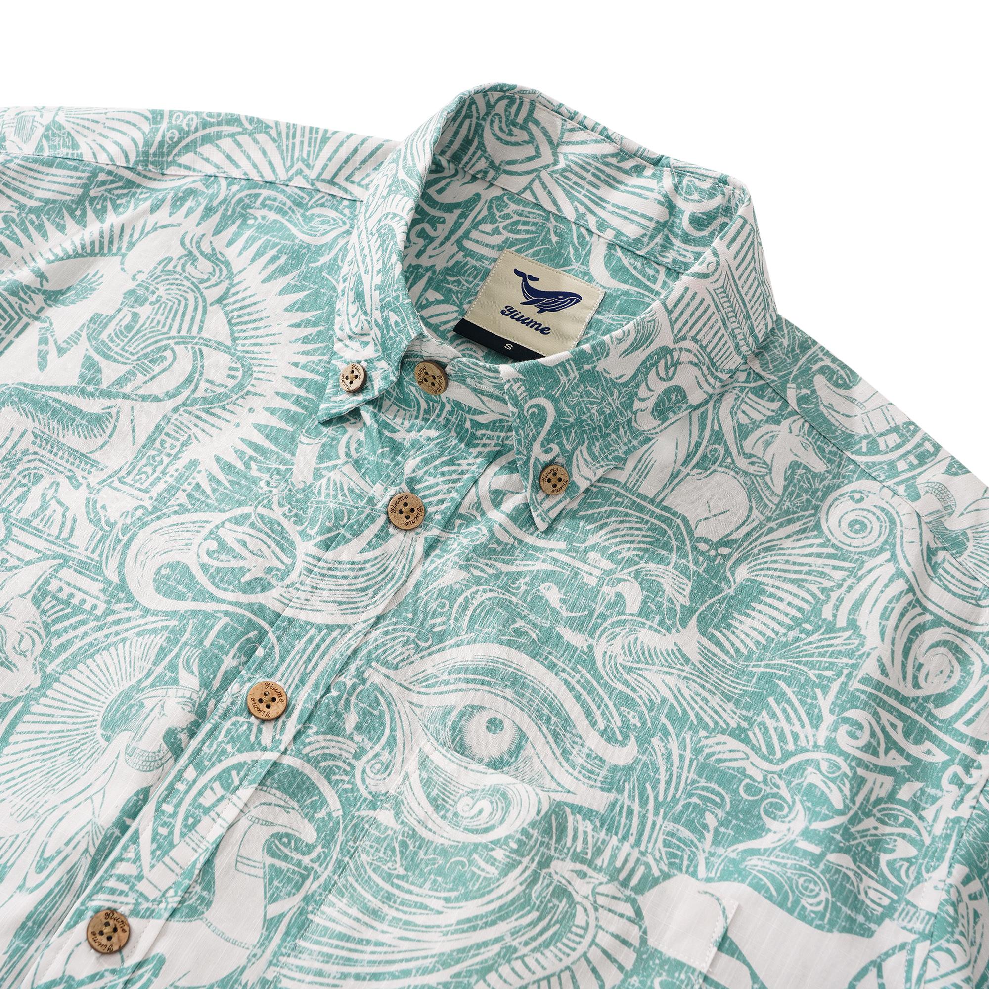 Men's Hawaiian Shirt Short Sleeve Button-down 100% Cotton Green Aloha Egyptian Myths