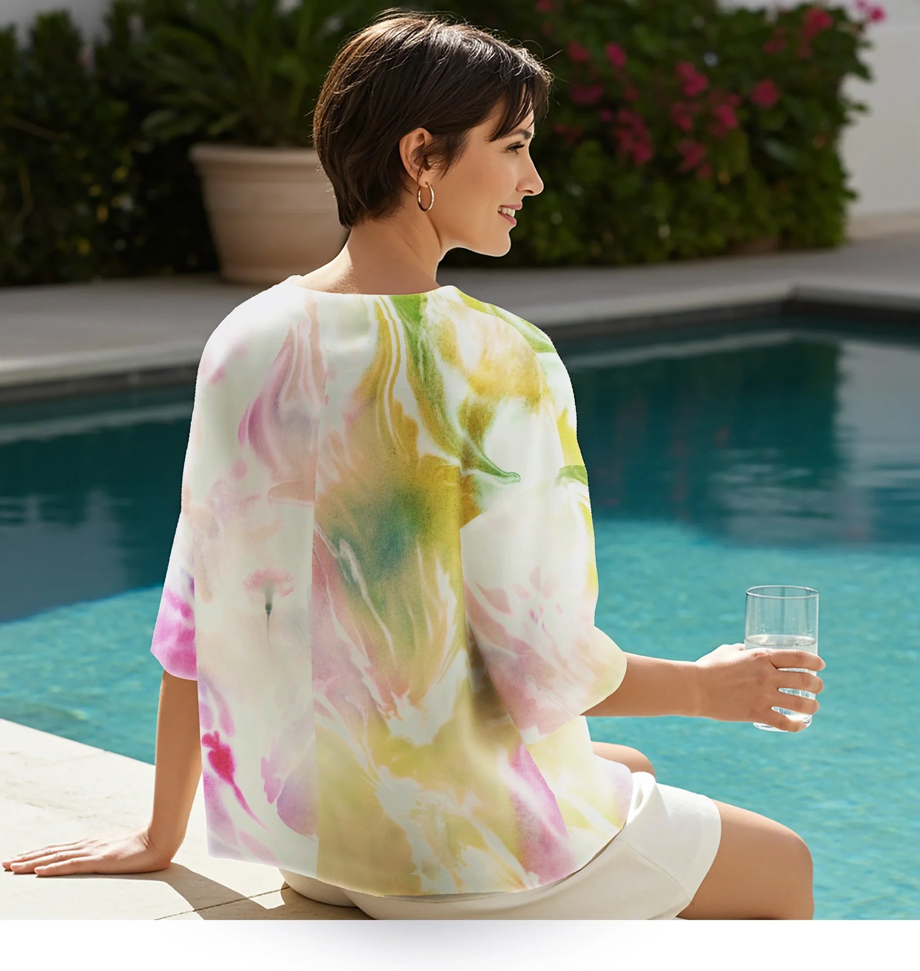 Women Casual Blouse 3/4 Sleeve Round Neck 76% Tencel, 24% Nylon Red Aloha Dreamy Macarons