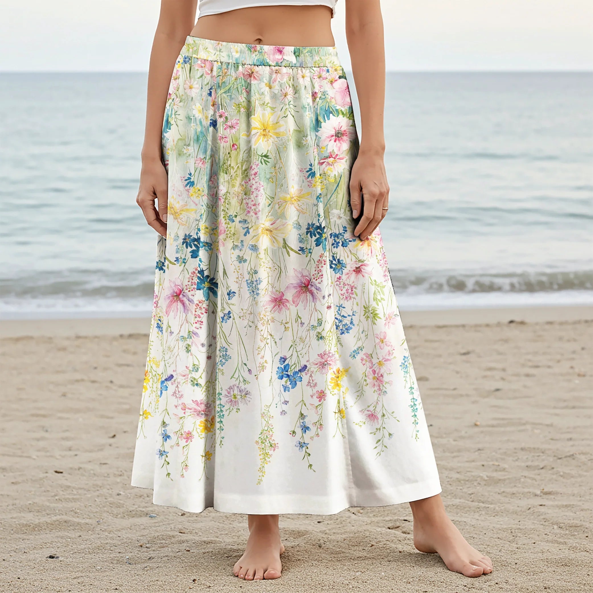 Women Casual Maxi Skirt Long Elastic Waist with Pockets 100% Cotton Aloha Light Floral Shower
