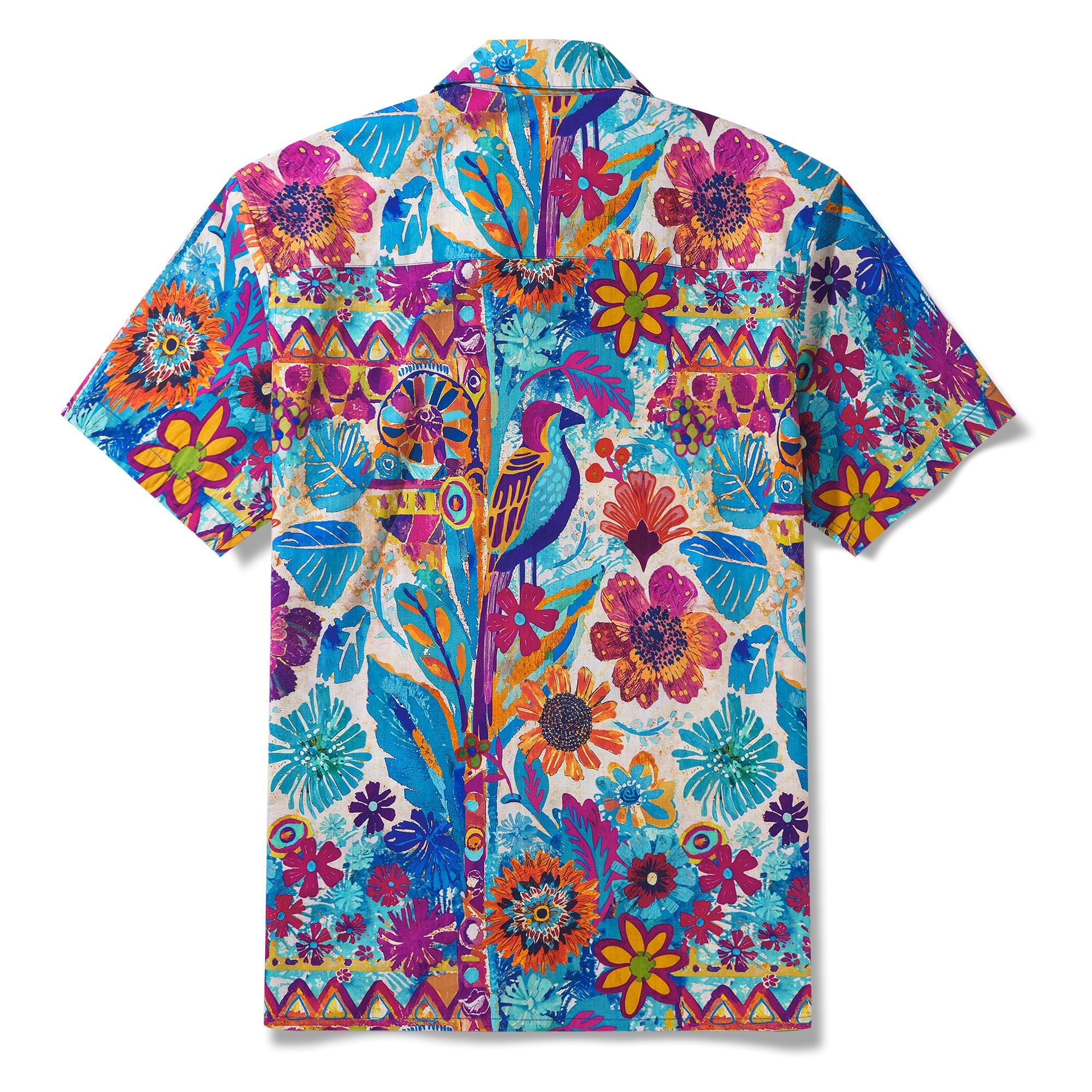 Tropical Wonder Painted Shirt 100% Cotton Men's Short Sleeve Camp Collar Shirt Blue Aloha Hawaiian