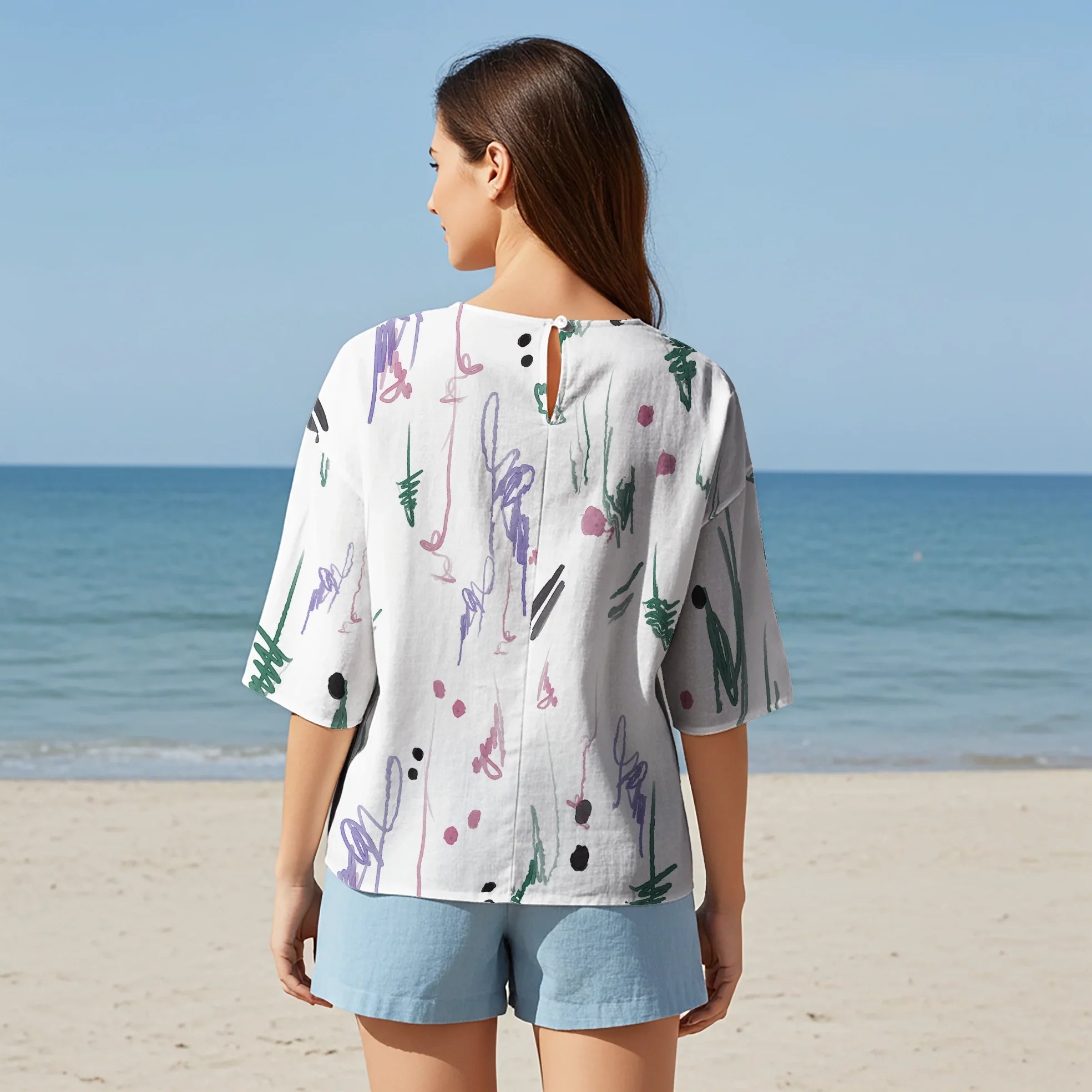 Women Casual Blouse Elbow Sleeve Crew Neck Button-Back 95% Lyocell, 5% Linen Green Aloha Whimsical Traces
