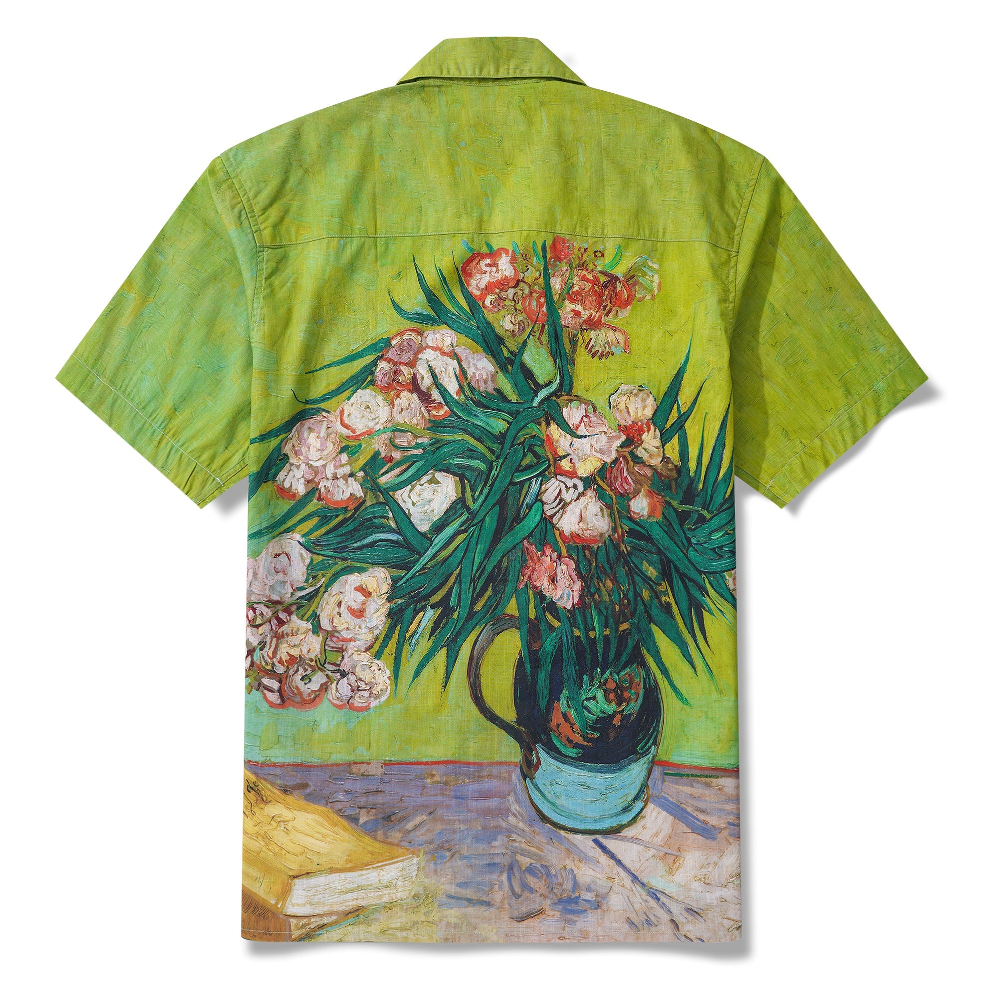 Men's Hawaiian Shirt Short Sleeve Camp Collar 100% Cotton Green Aloha Van Gogh Blossoms