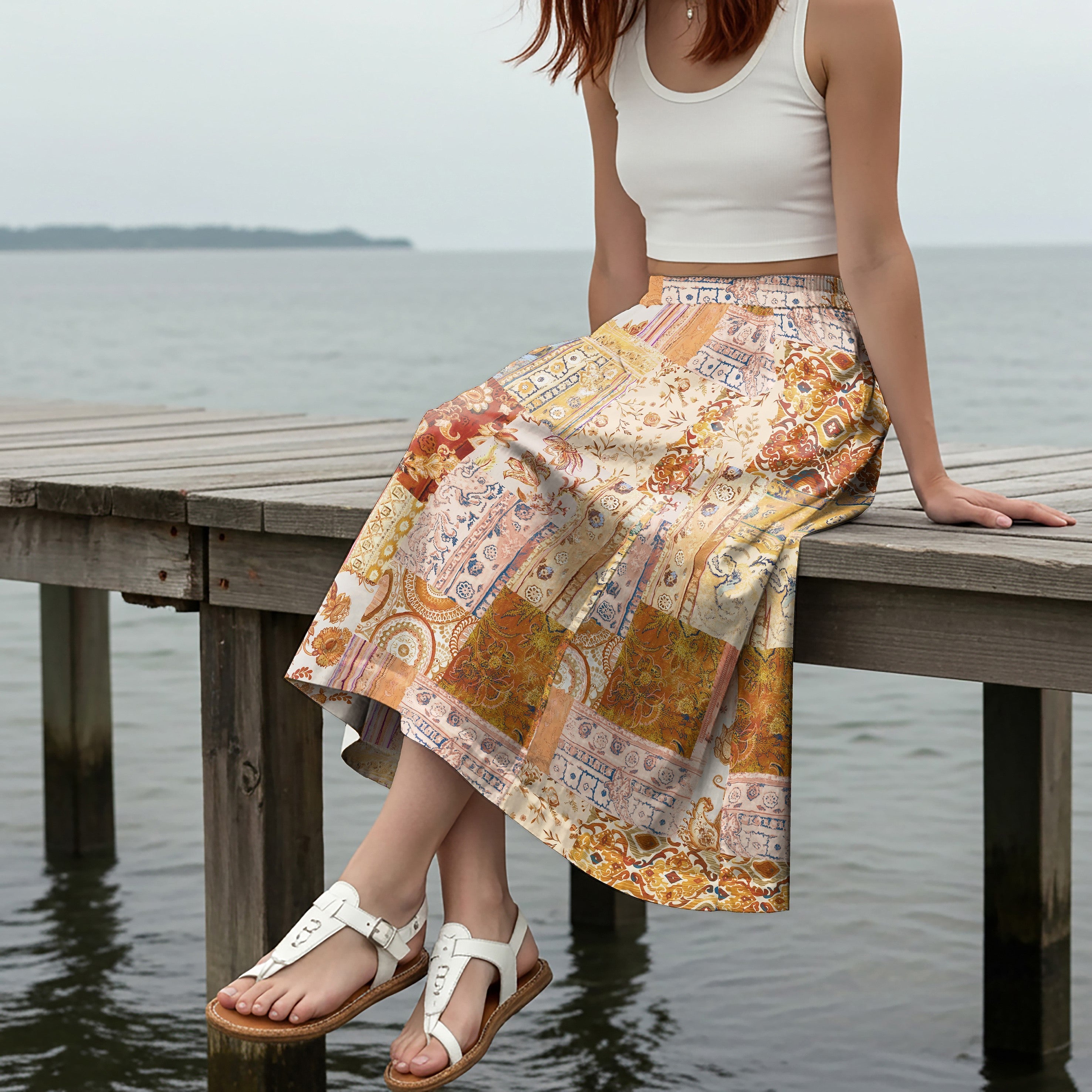 Women Casual Maxi Skirt Long Elastic Waist with Pockets 100% Cotton Orange Aloha Vintage Jacquard Patchwork