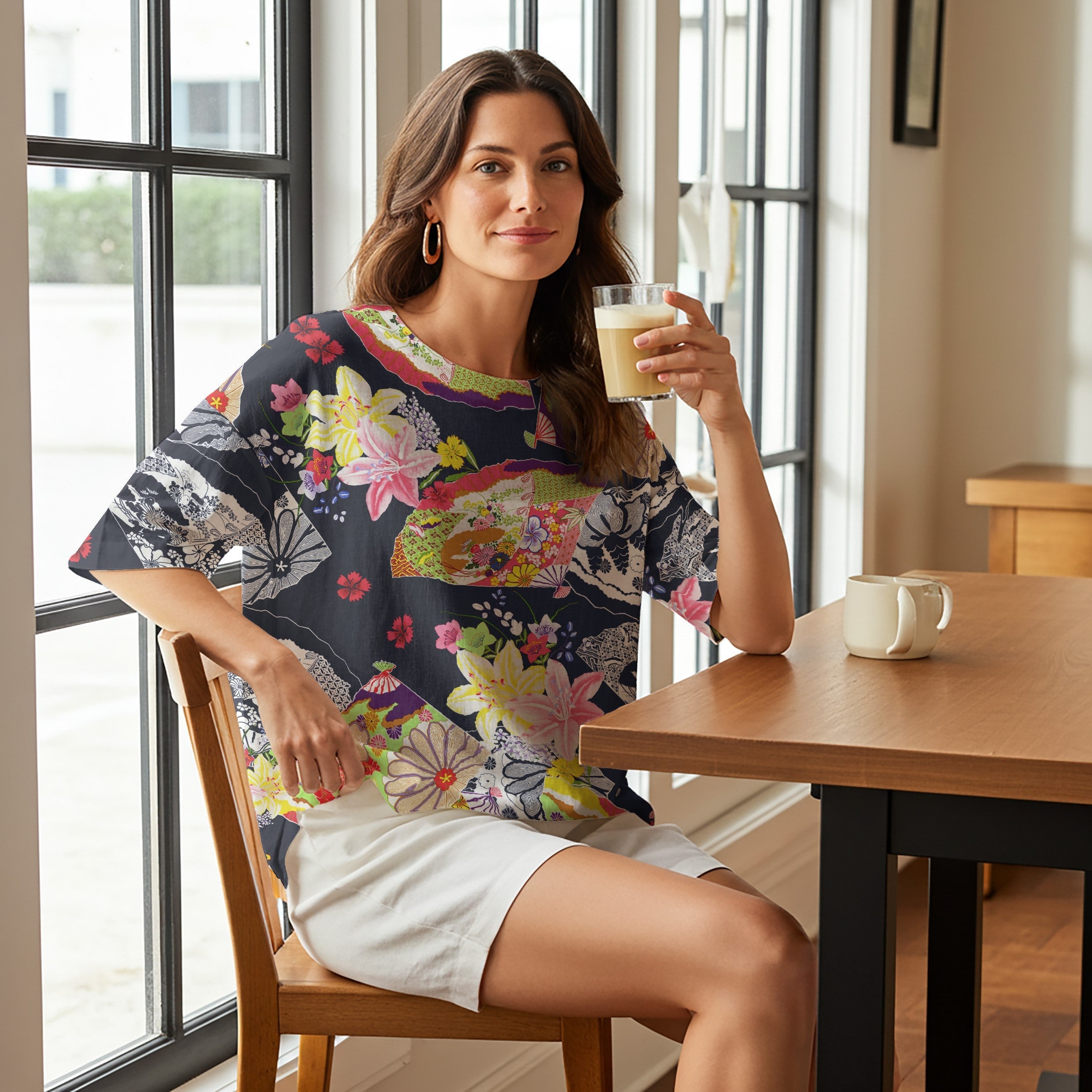 Women Casual Blouse 3/4 Sleeve Round Neck 95% Tencel, 5% Linen Blue Aloha Graceful Japanese Floral Fan