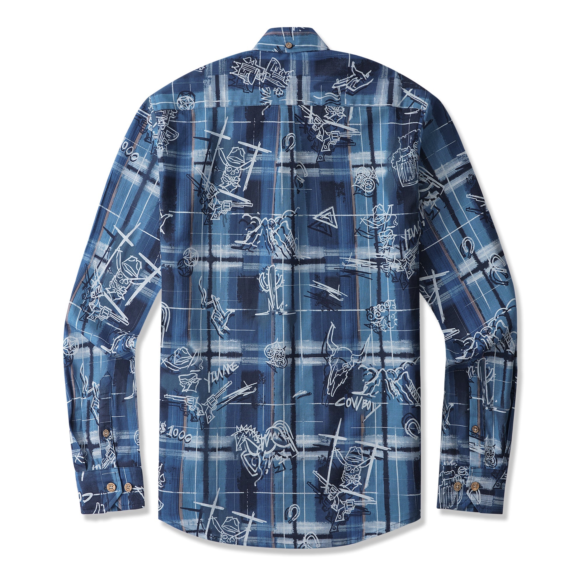 Vintage Graffiti Plaid 100% Cotton Men's Long Sleeve Button-down Shirt Blue Aloha Hawaiian