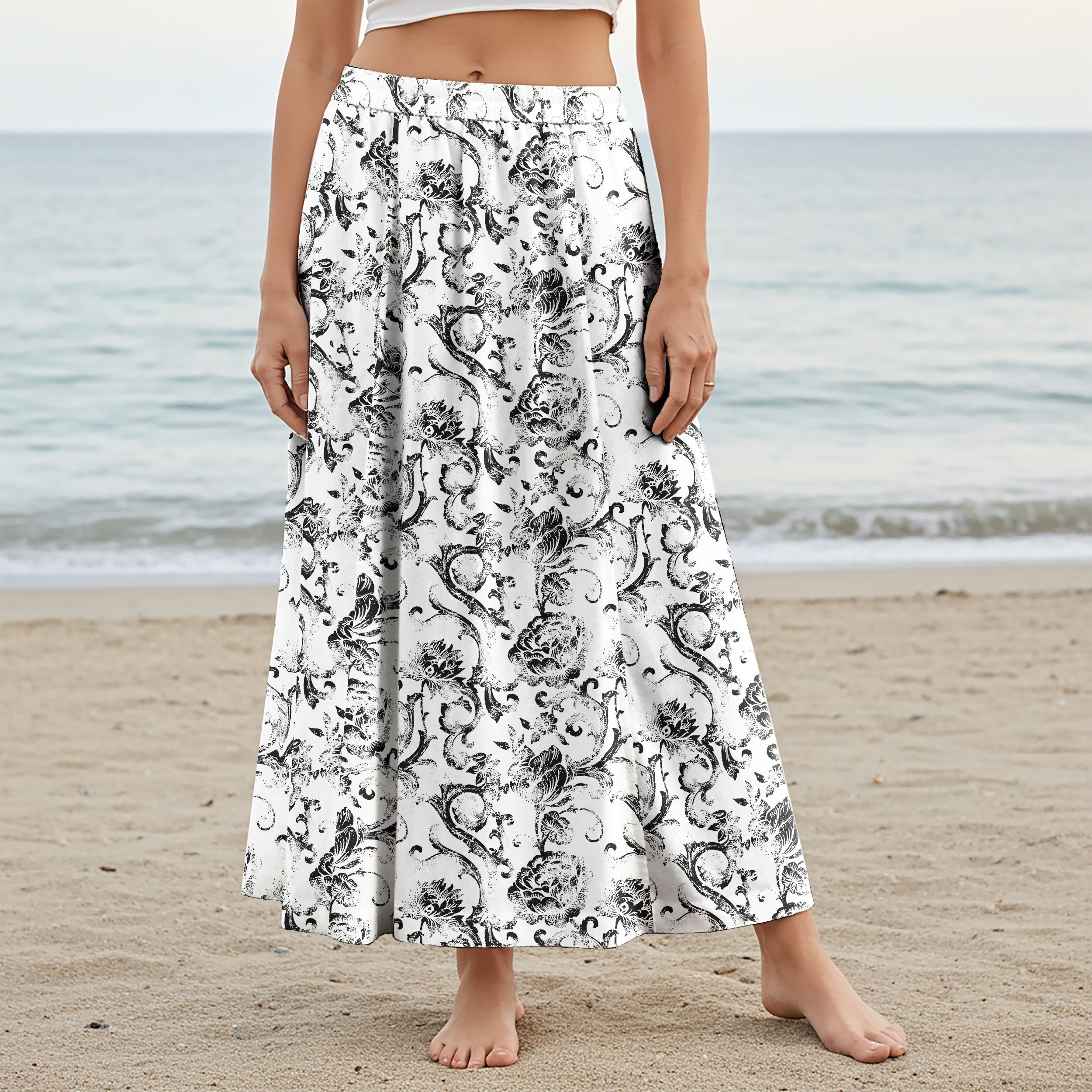 Women Casual Maxi Skirt Long Elastic Waist with Pockets 100% Cotton Black Aloha Vintage Scroll Pattern