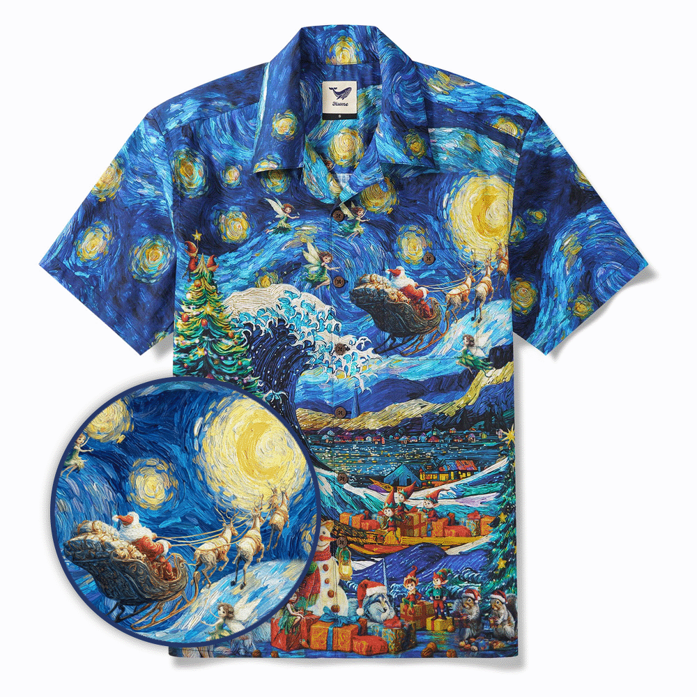 Men's Hawaiian Shirt Short Sleeve Camp Collar 100% Cotton Blue Aloha Starry Christmas Magic With Van Gogh