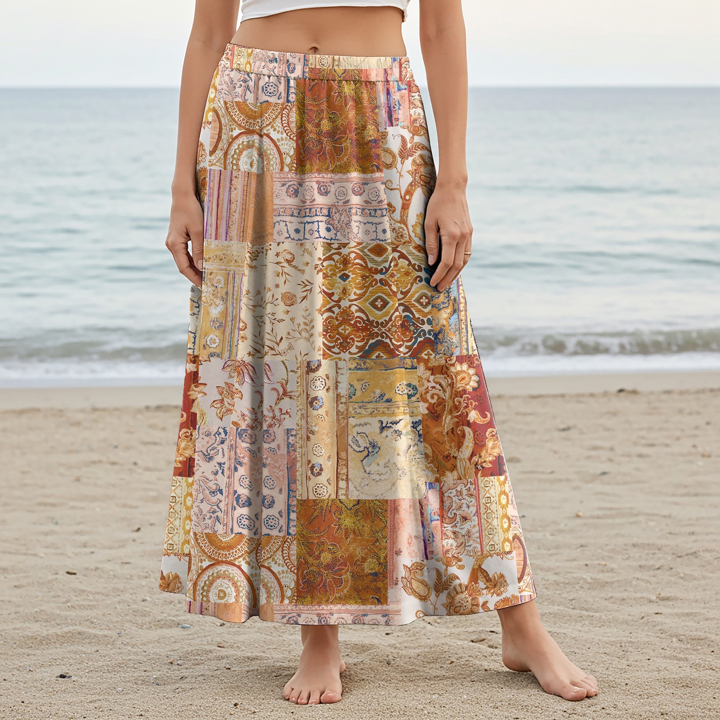 Women Casual Maxi Skirt Long Elastic Waist with Pockets 100% Cotton Orange Aloha Vintage Jacquard Patchwork