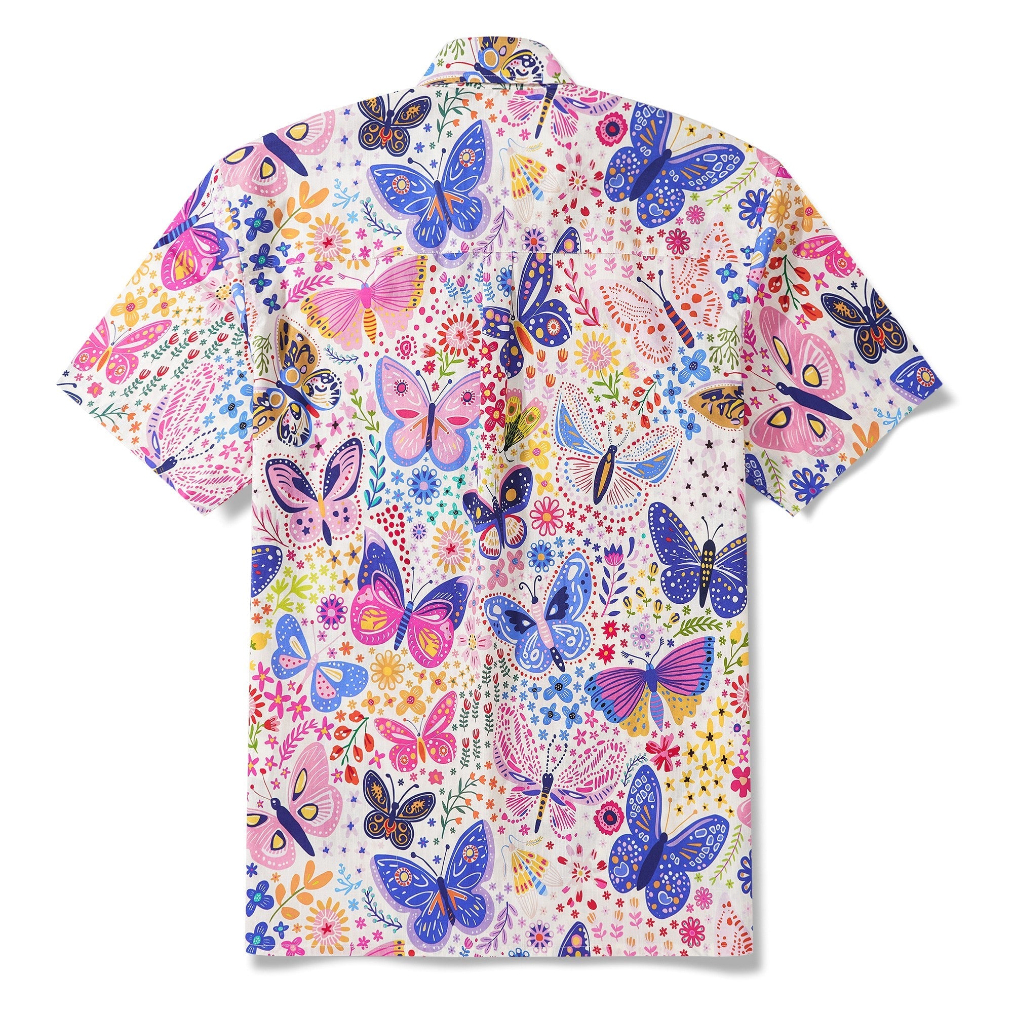 Men's Hawaiian Shirt Short Sleeve Button-down 100% Cotton Beige Aloha Butterfly Garden
