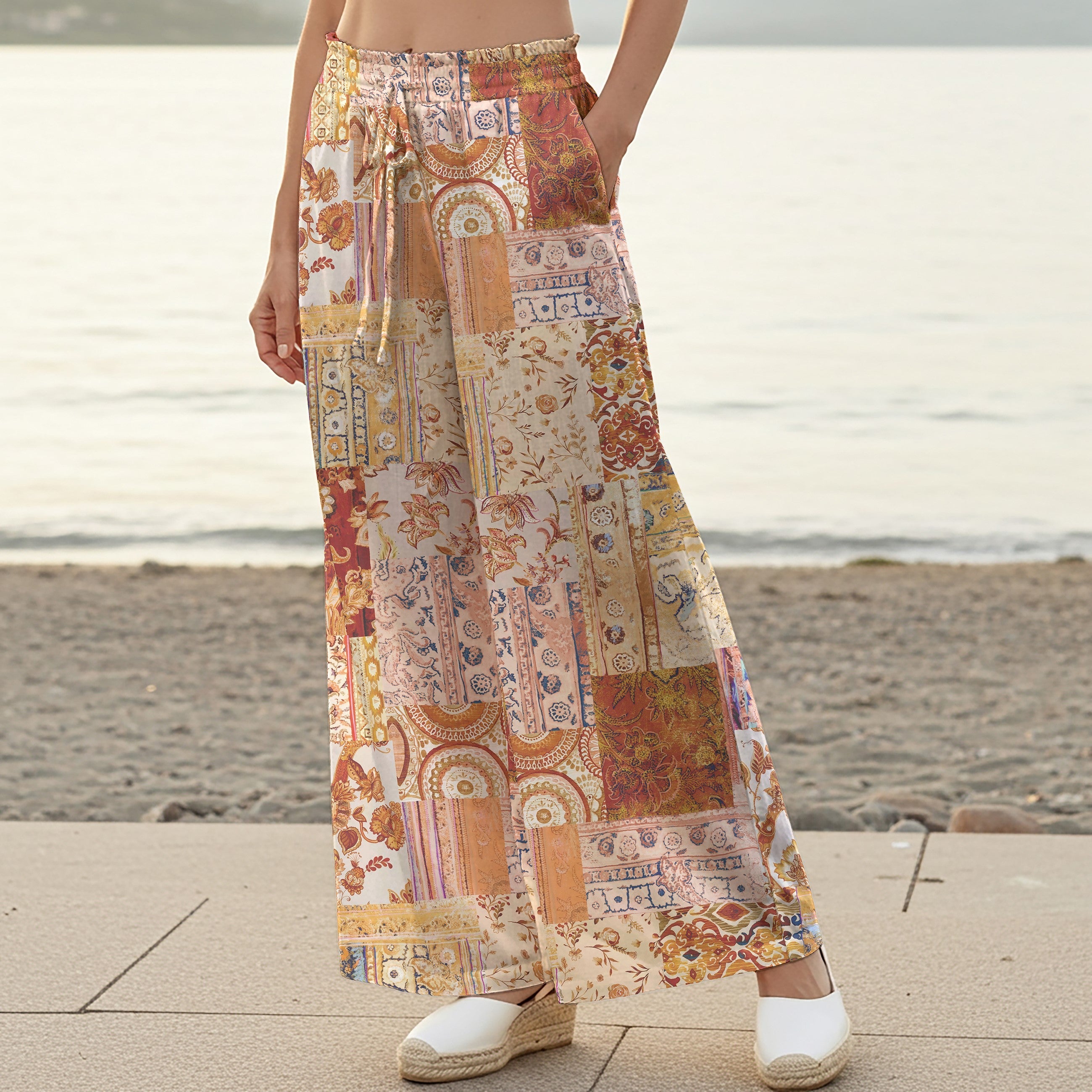 Women Casual Pants Lounge Elastic Waist Drawstring with Pockets 100% Cotton Orange Aloha Vintage Jacquard Patchwork