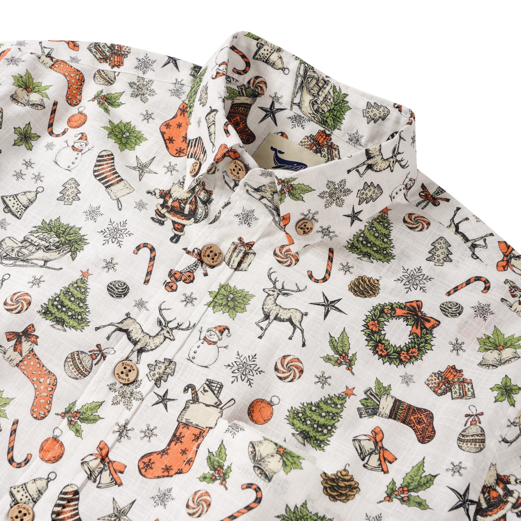 Men's Hawaiian Shirt Long Sleeve Button-down 100% Cotton White Aloha Everyday Sparkle Of Santa