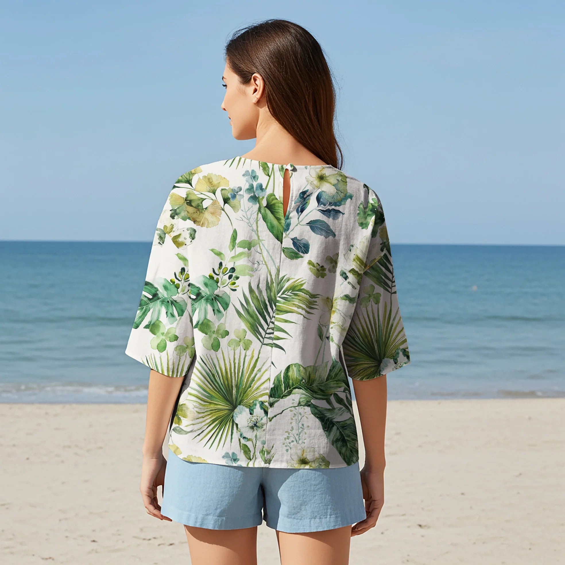 Women Casual Blouse Elbow Sleeve Crew Neck Button-Back 95% Lyocell, 5% Linen Green Aloha Fresh Rainforest Flowers