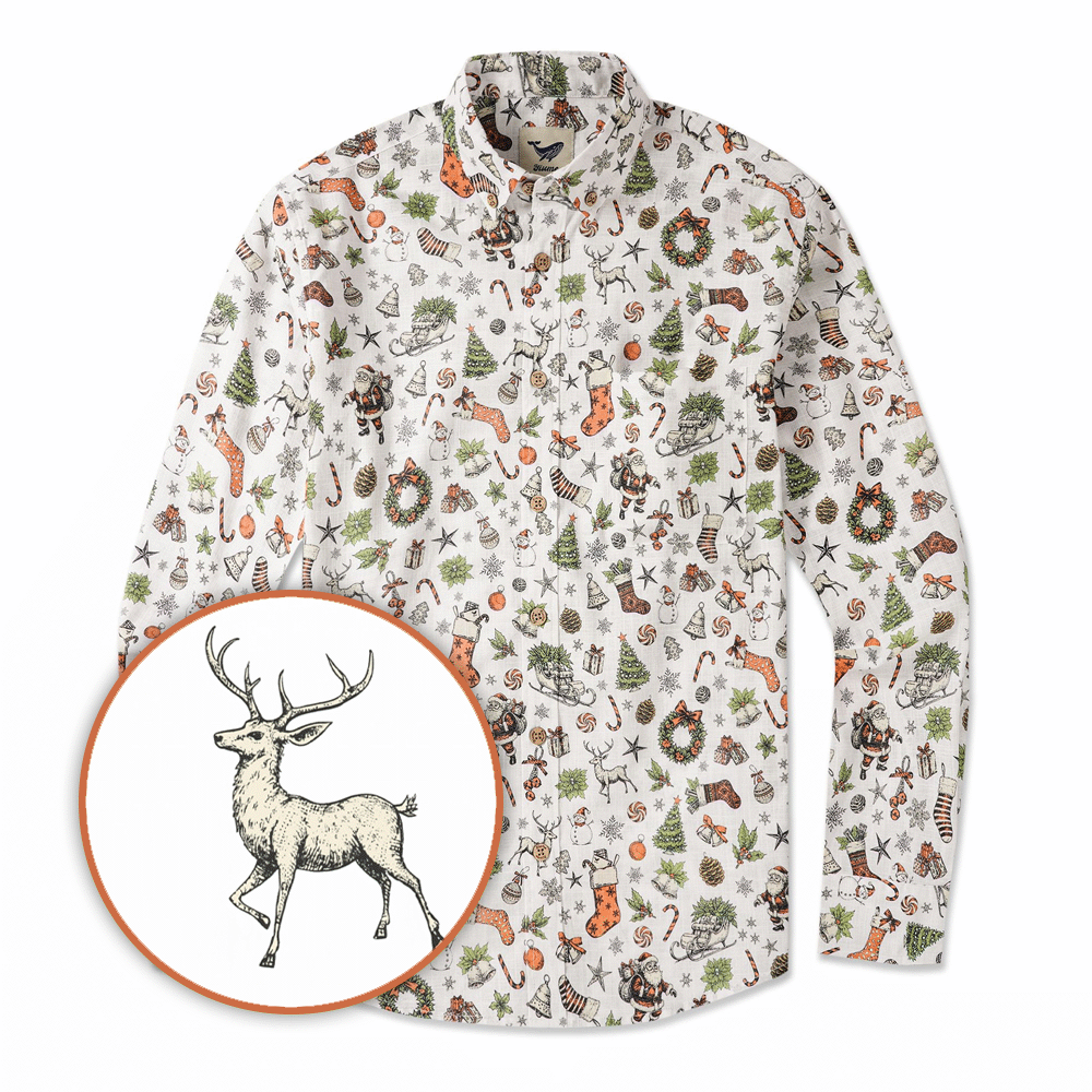Men's Hawaiian Shirt Long Sleeve Button-down 100% Cotton White Aloha Everyday Sparkle Of Santa