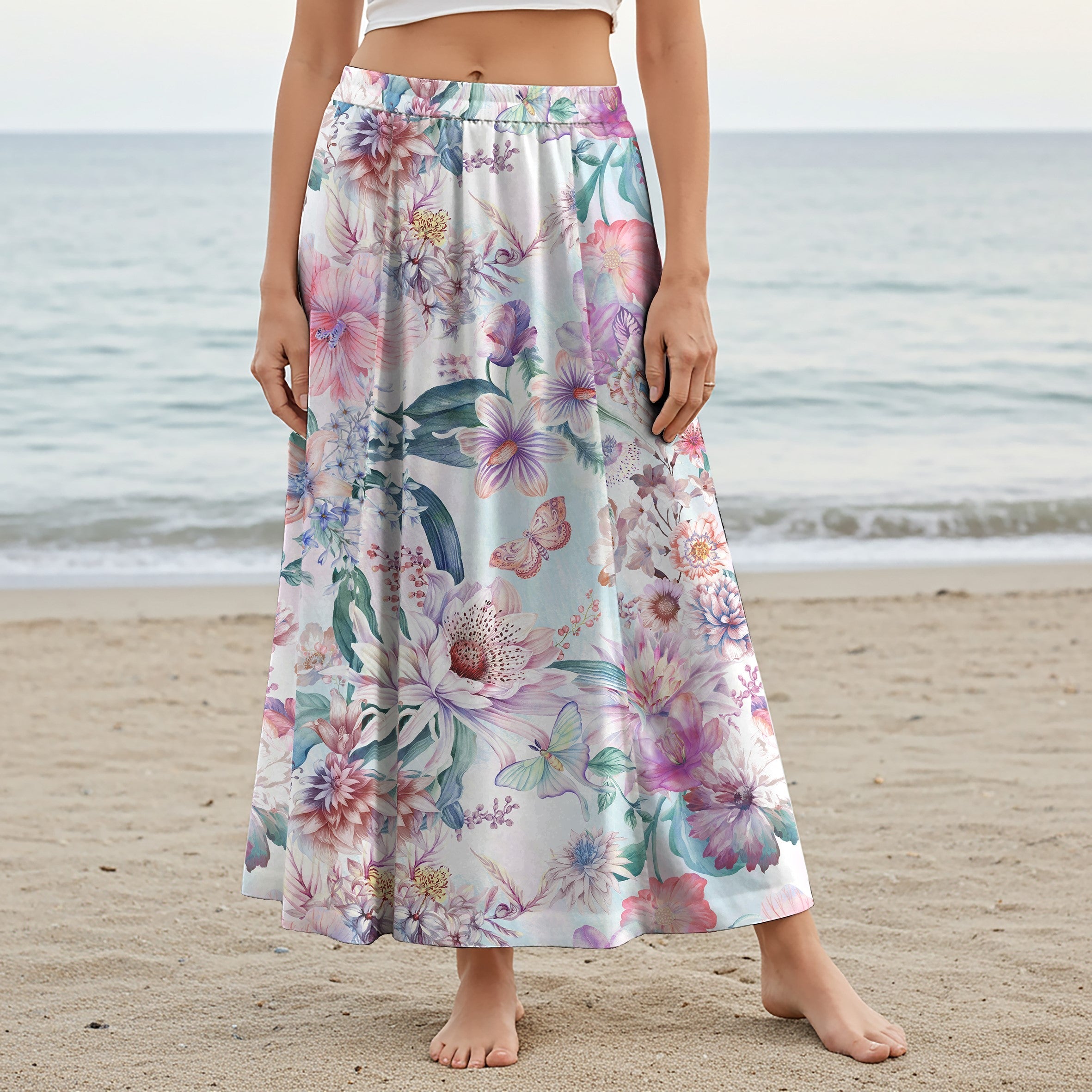 Women Casual Maxi Skirt Long Elastic Waist with Pockets 100% Cotton Aloha Enchanted Dance Of Rainbow Flowers And Butterflies