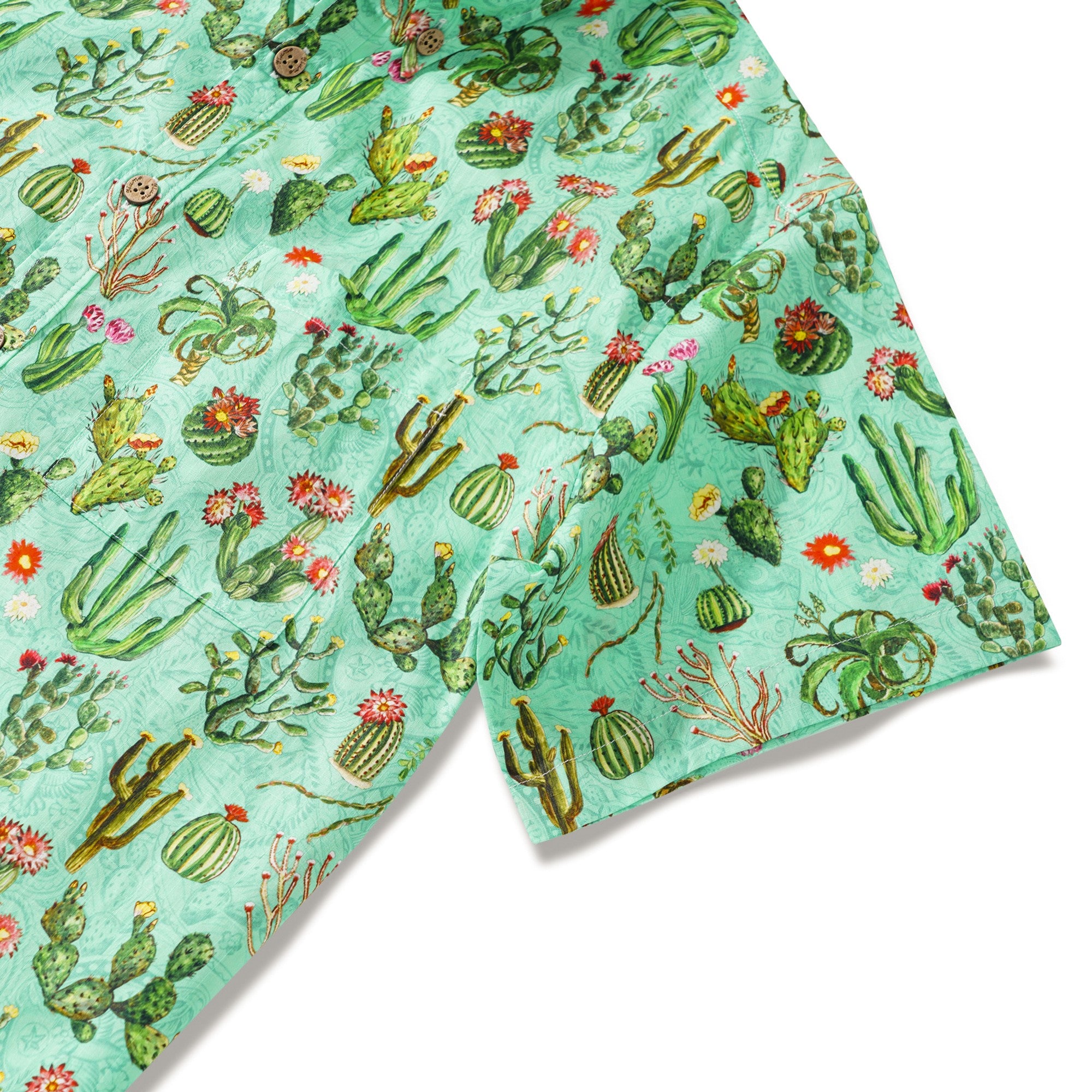 Men's Hawaiian Shirt Short Sleeve Button-down 100% Cotton Green Aloha Western Cactus Oasis