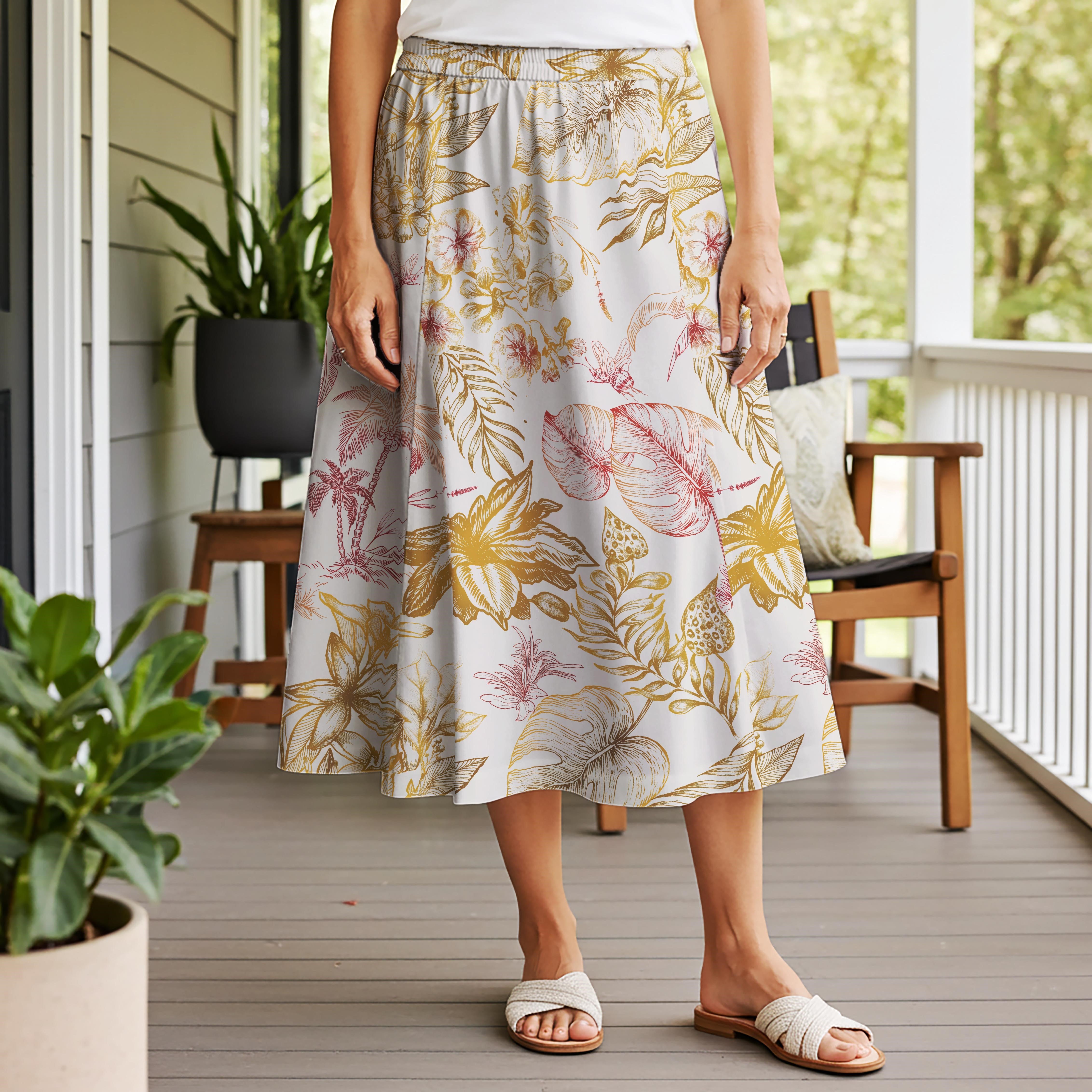 Women Casual Maxi Skirt Long Elastic Waist 100% Cotton Yellow Aloha Tropical Blossoms