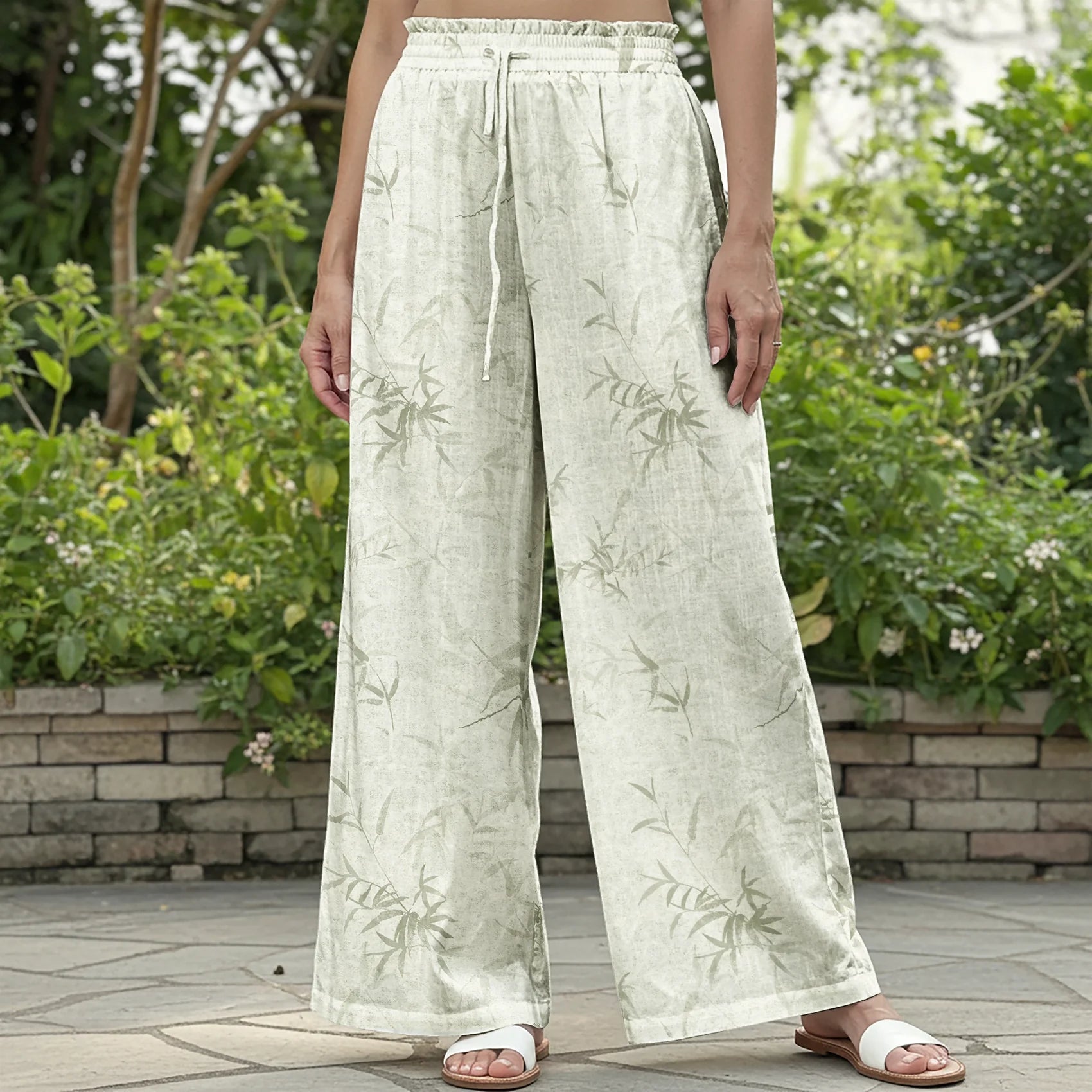 Women Casual Pants Lounge Elastic Waist Drawstring with Pockets 93% Tencel, 7% Linen Green Aloha Misty Green Leaves