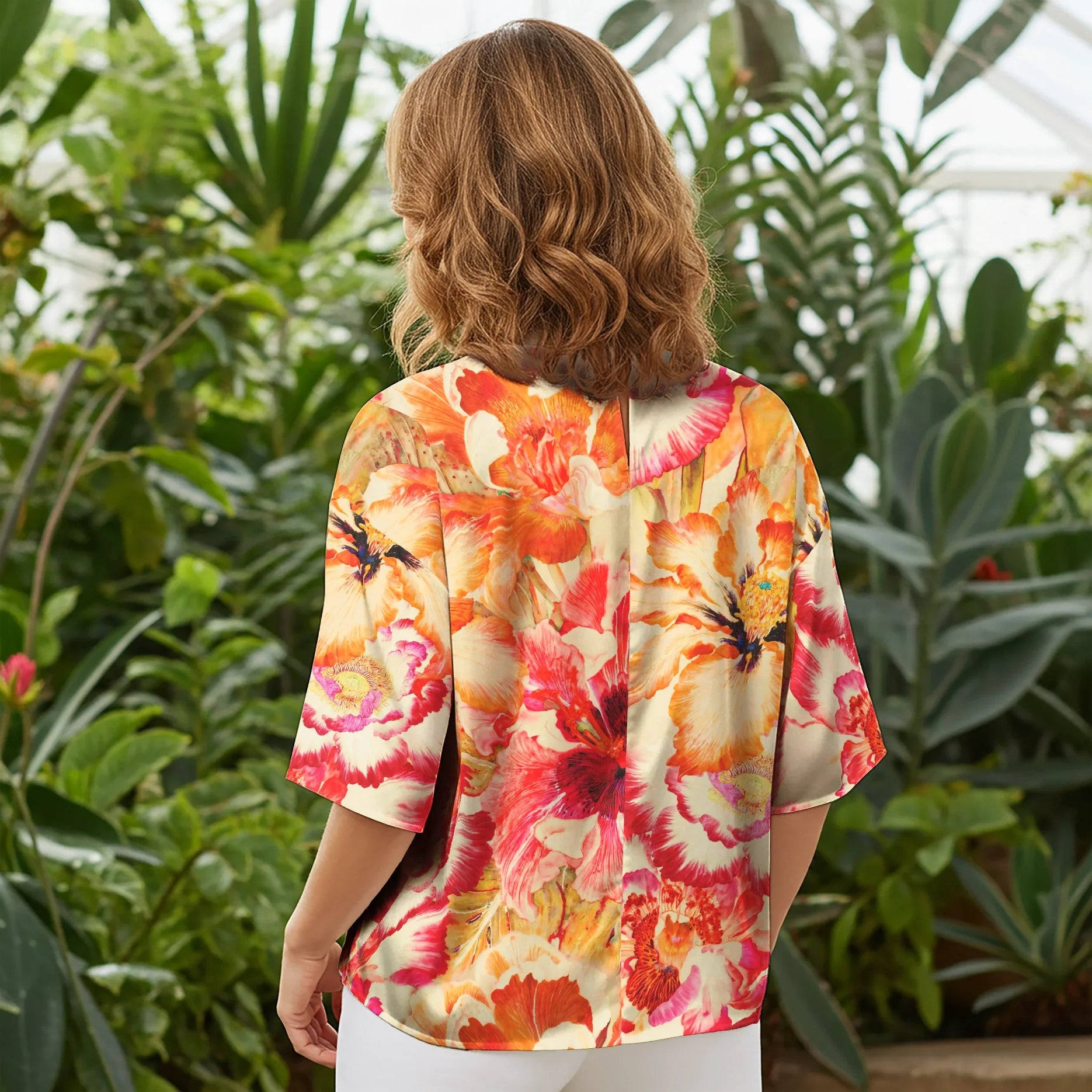 Women Casual Blouse Elbow Sleeve Round Neck Button-Back 100% Tencel Orange Aloha Tropical Flower Torch