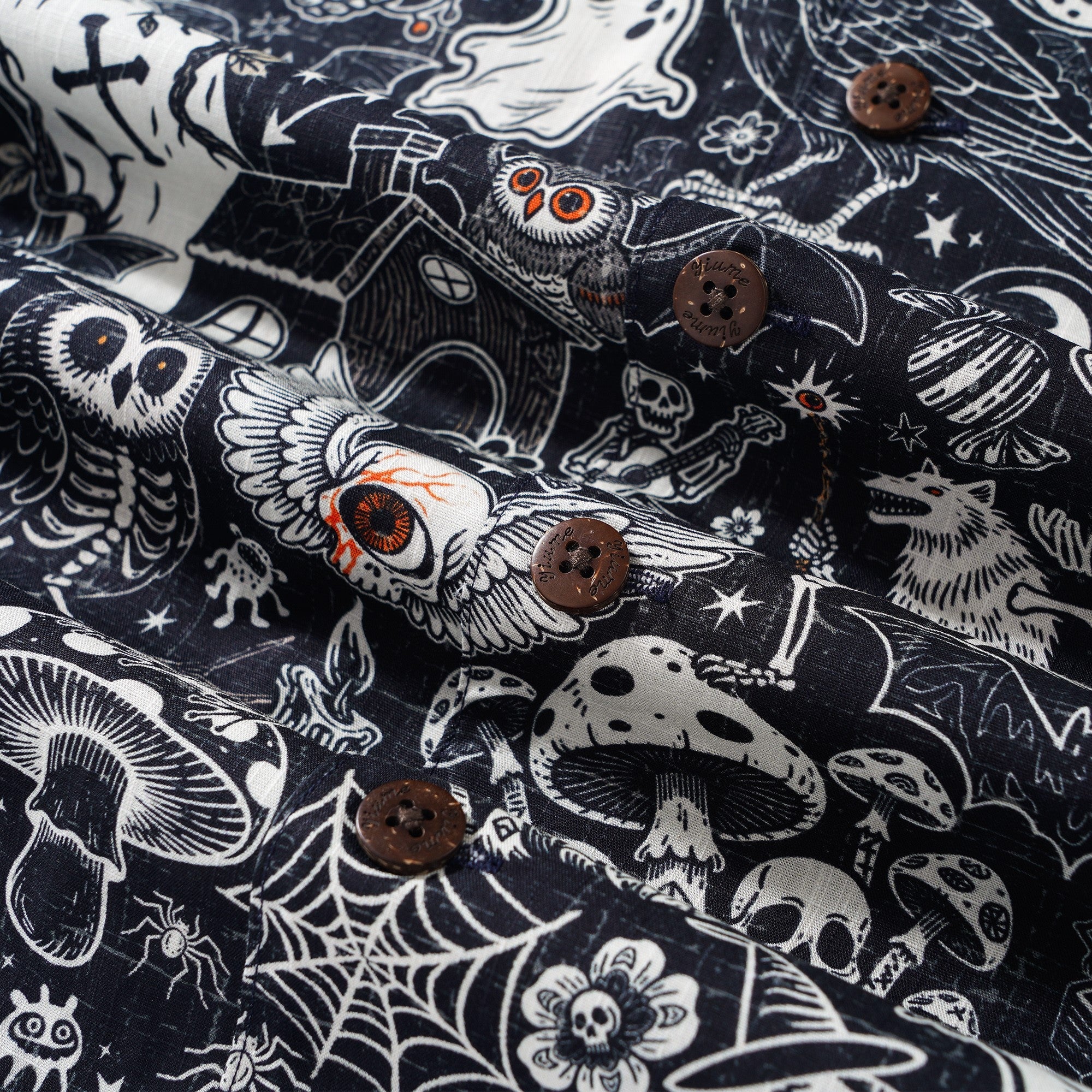 Men's Hawaiian Shirt Short Sleeve Camp Collar 100% Cotton Black Aloha Halloween Bash