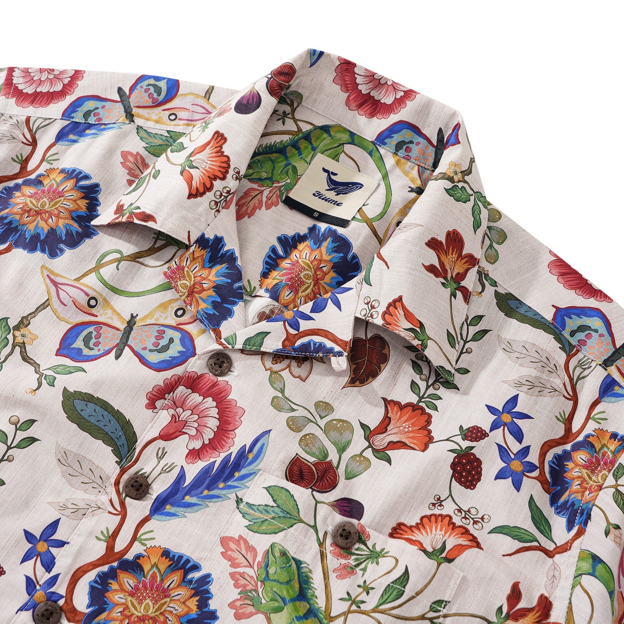 Men's Hawaiian Shirt Short Sleeve Camp Collar 100% Cotton Beige Aloha Floral and Gecko's Whisper