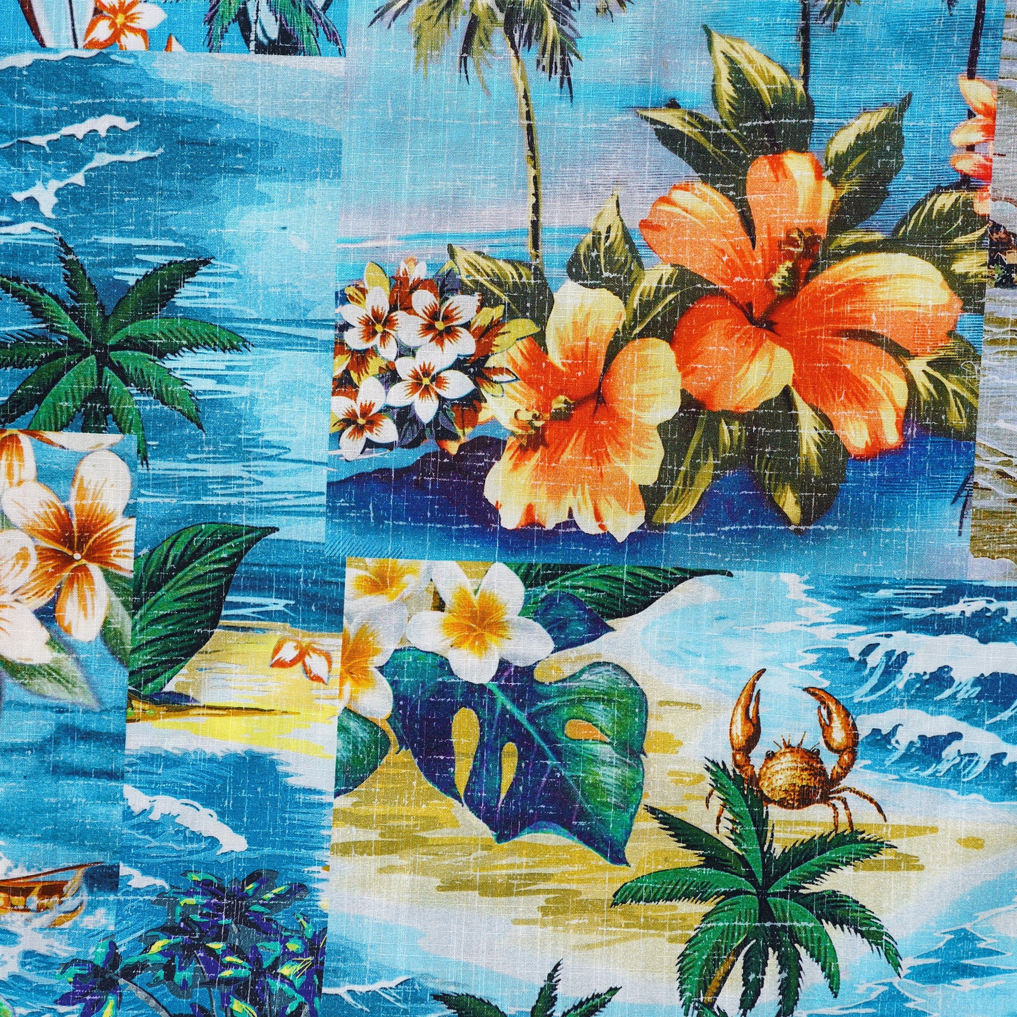Men's Hawaiian Shirt Short Sleeve Camp Collar 100% Cotton Blue Aloha Hawaiian Beach Collage Art
