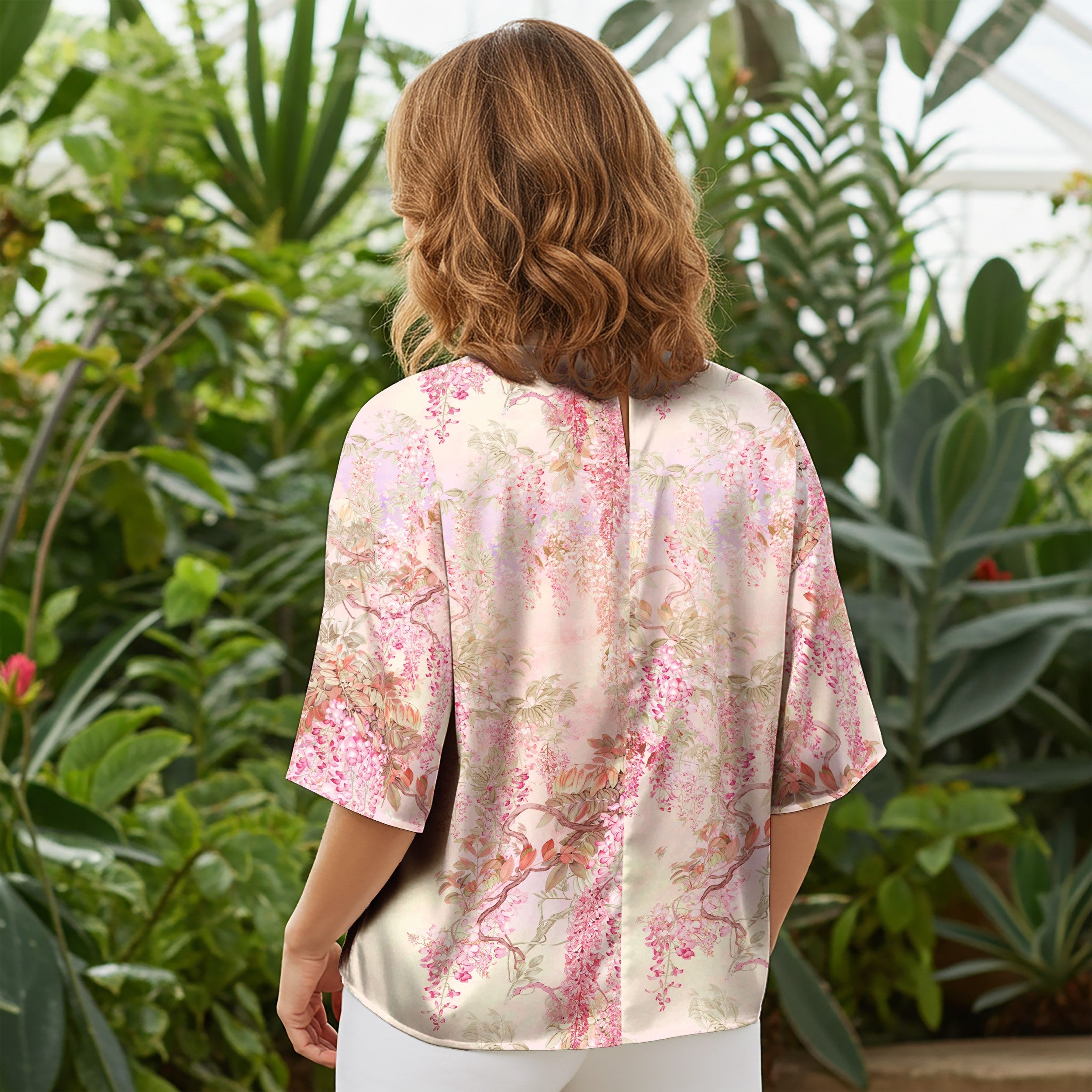 Women Casual Blouse Elbow Sleeve Round Neck Button-Back 100% Tencel Aloha Romantic Pink Vine