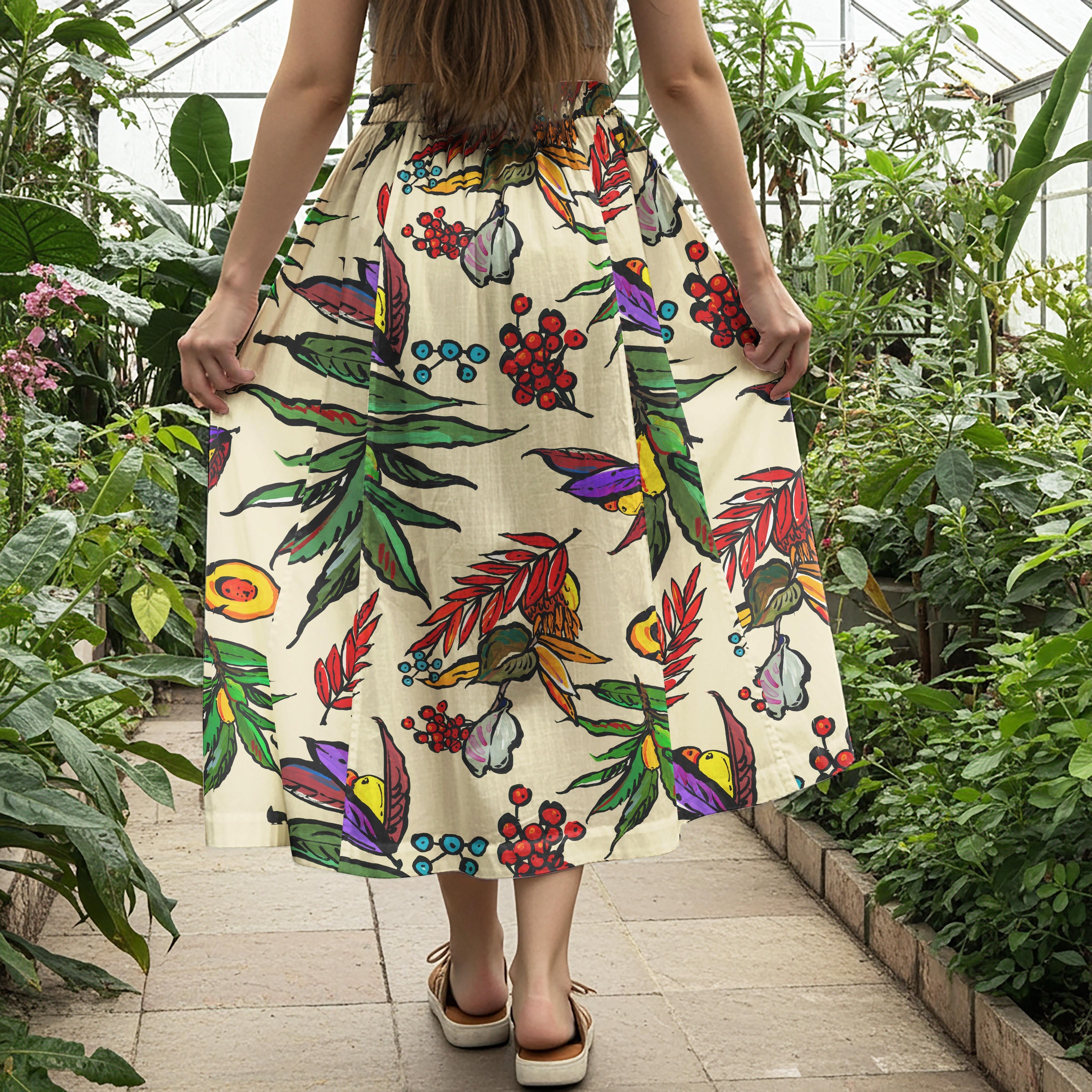 Women Casual Maxi Skirt Long Elastic Waist with Pockets 100% Cotton Aloha Tropical Fruit Fiesta