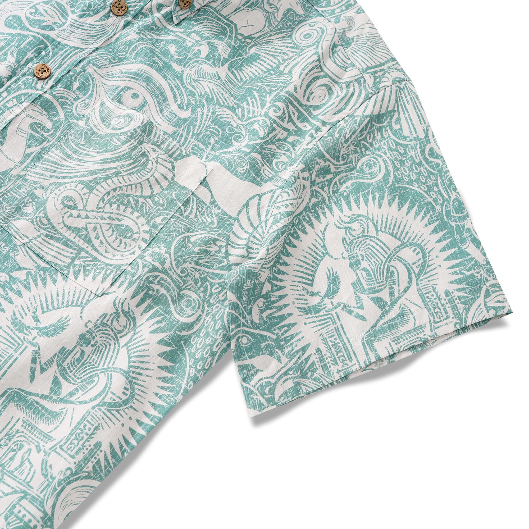 Men's Hawaiian Shirt Short Sleeve Button-down 100% Cotton Green Aloha Egyptian Myths