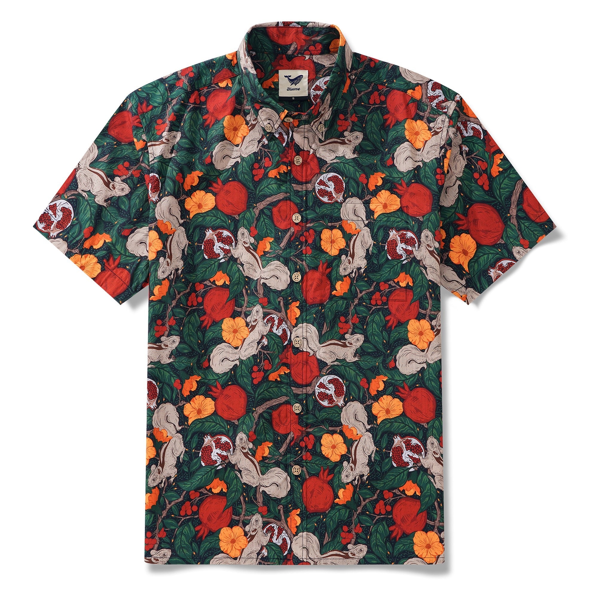 Men's Hawaiian Shirt Short Sleeve Button-down 100% Cotton Green Aloha Pomegranate Grove By Pallavi Chaudhary