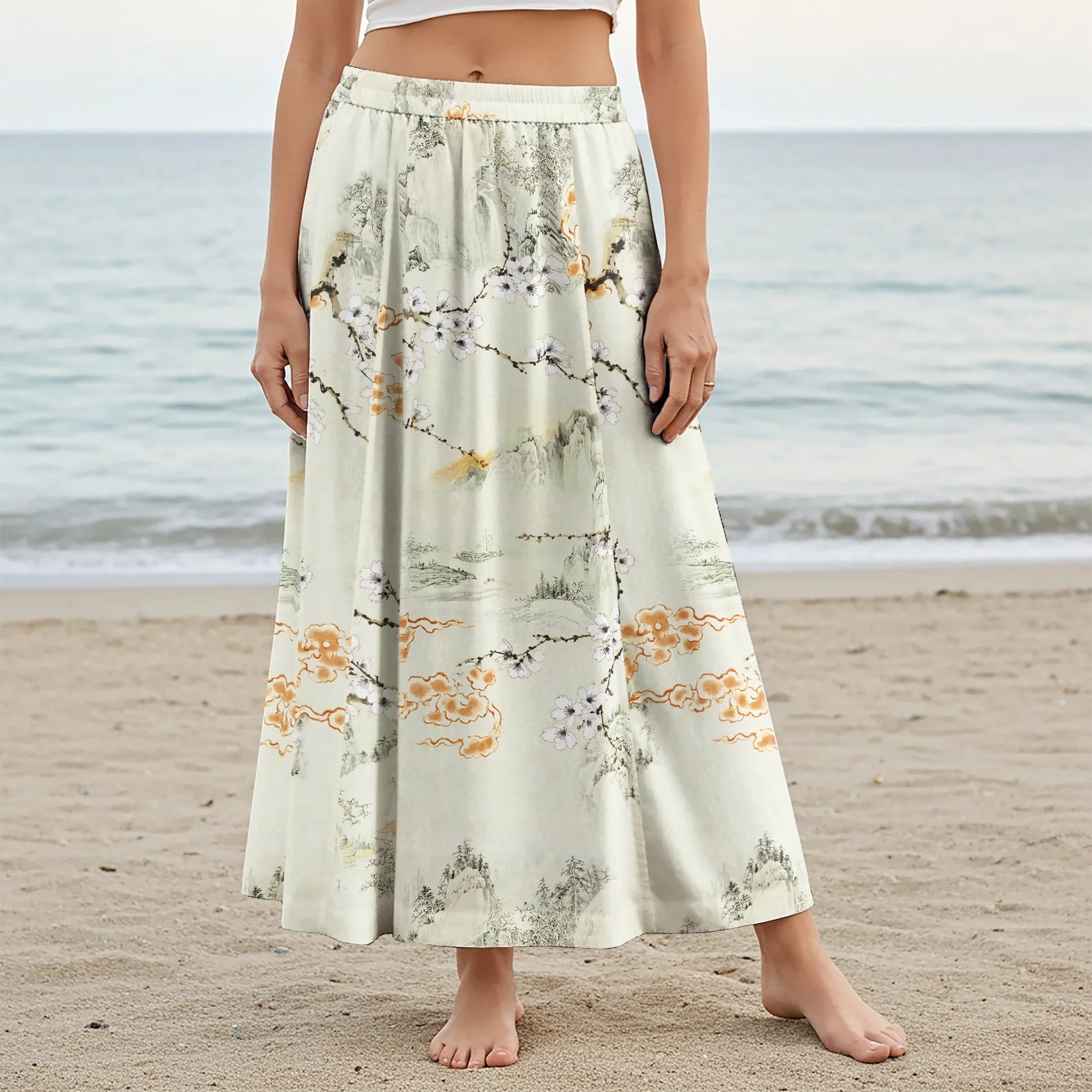 Women Casual Maxi Skirt Long Elastic Waist with Pockets 100% Cotton Green Aloha Oriental Poetry