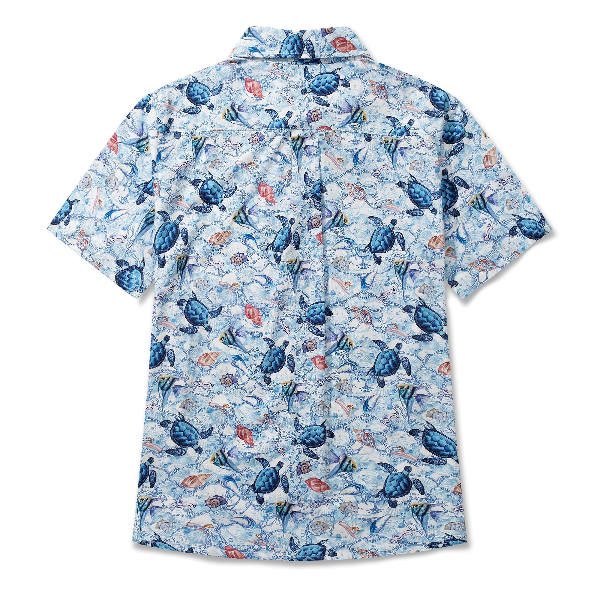 Women's Hawaiian Shirt Short Sleeve Button-up 100% Cotton Blue Aloha Wandering Turtle