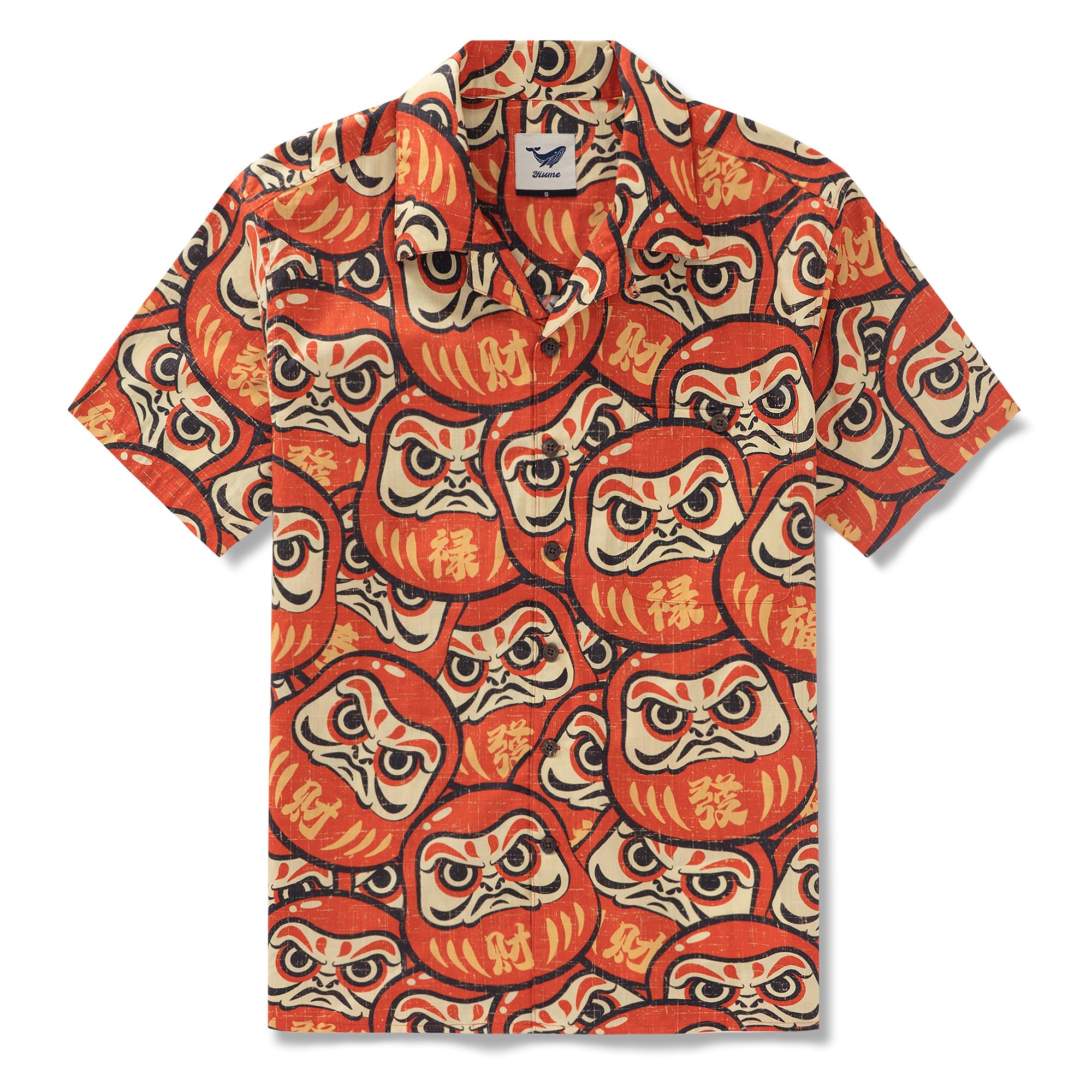 100% Cotton Hawaiian Shirt For Men Daruma Doll Camp Collar Shirt