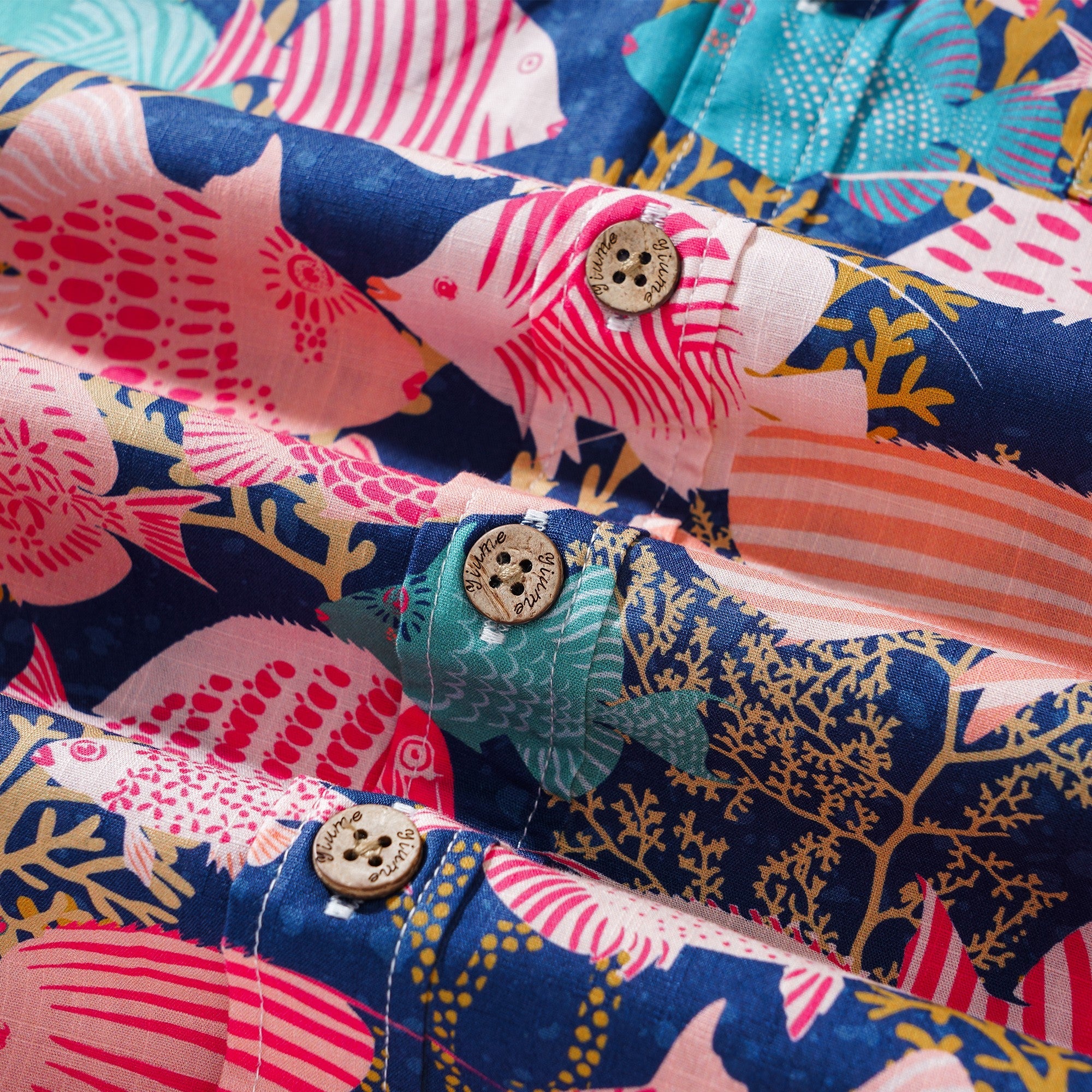 Men's Hawaiian Shirt Short Sleeve Button-down 100% Cotton Aloha Happy Fishes In The Coral Reef By Annick