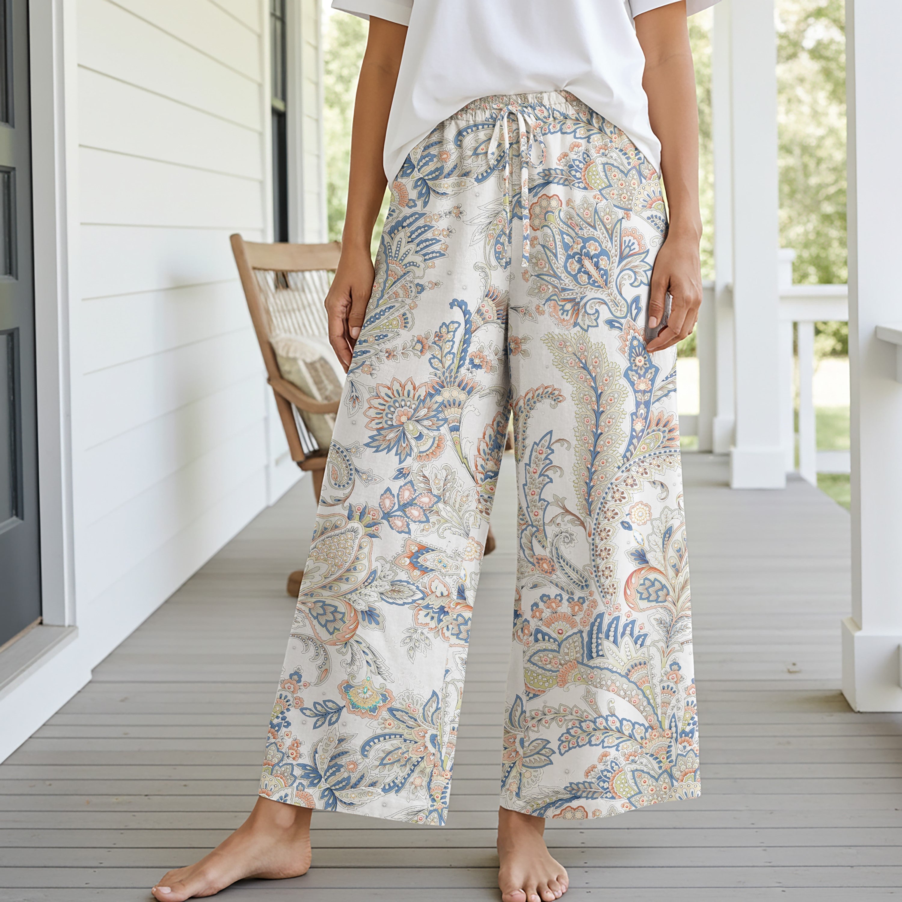 Women Casual Pants Lounge Elastic Waist Drawstring with Pockets 93% Tencel, 7% Linen Blue Aloha Powder Blue Paisley Charm