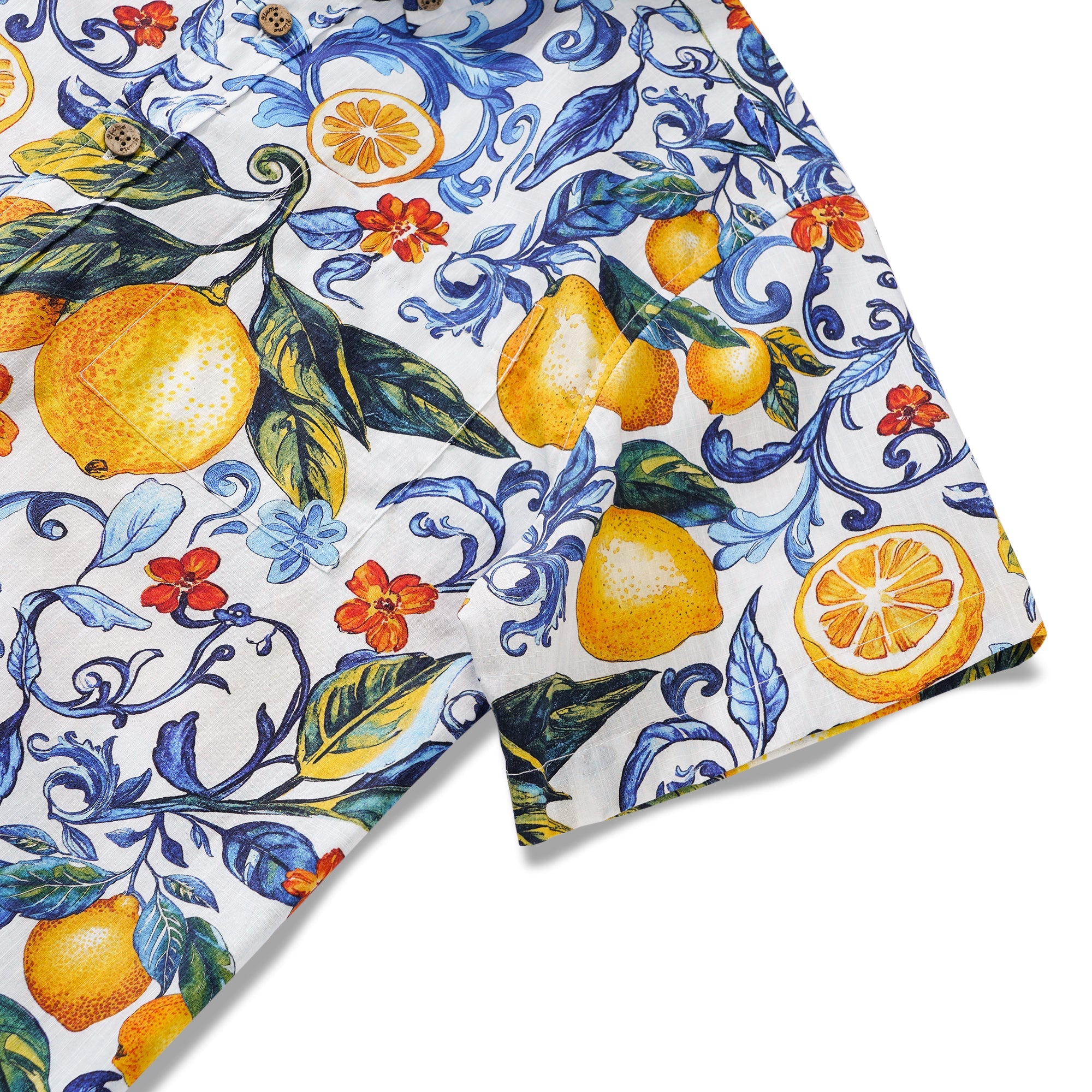 Sicilian Lemons 100% Cotton Men's Short Sleeve Button-down Shirt White Aloha Hawaiian