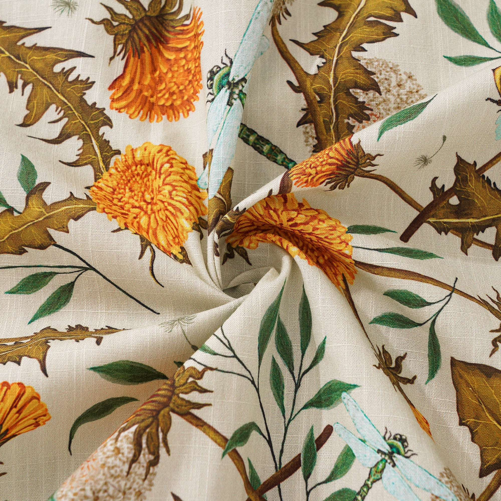 Women's Hawaiian Shirt Short Sleeve Button-up 100% Cotton Yellow Aloha Dandelions and Dragonflies By Silver Steer Design