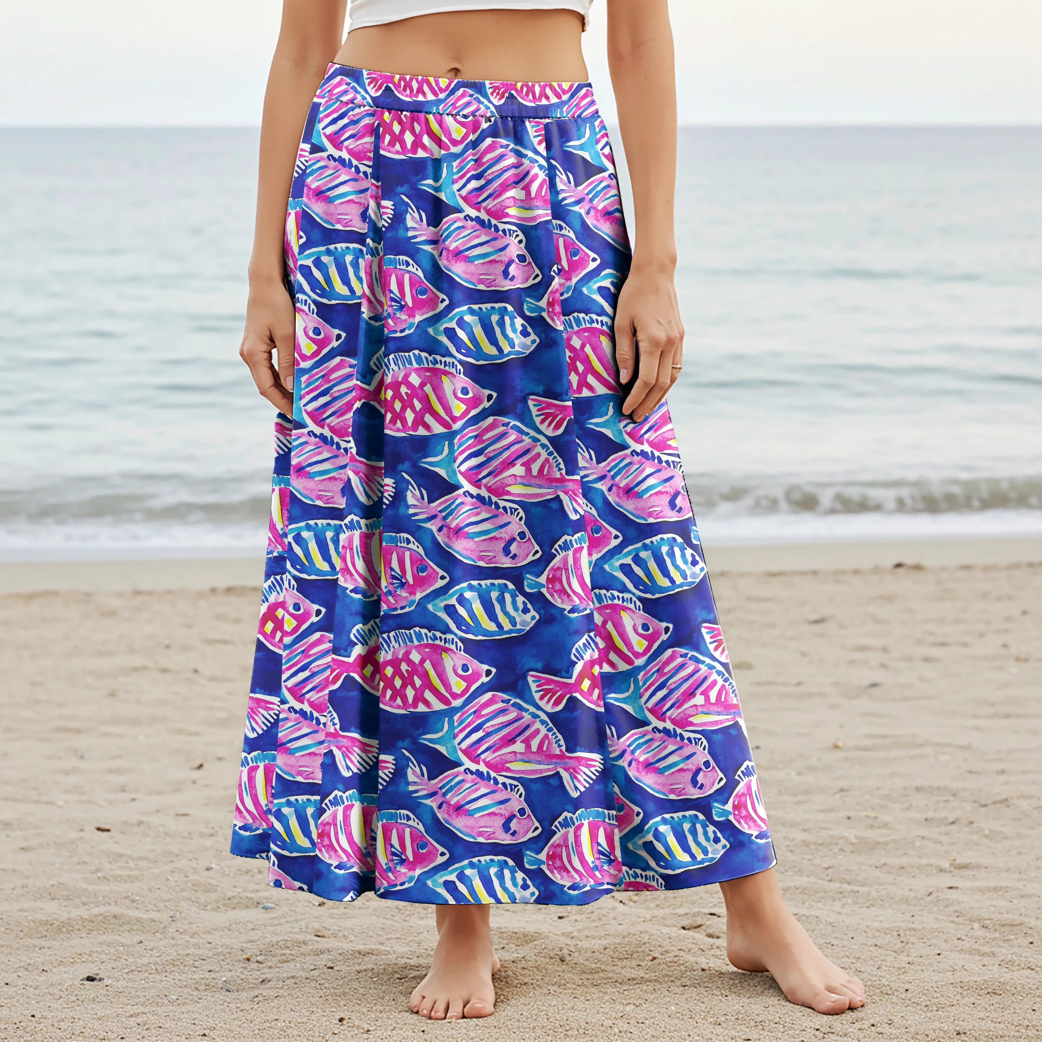 Women Casual Maxi Skirt Long Elastic Waist with Pockets 100% Cotton Blue Aloha Ocean Vitality
