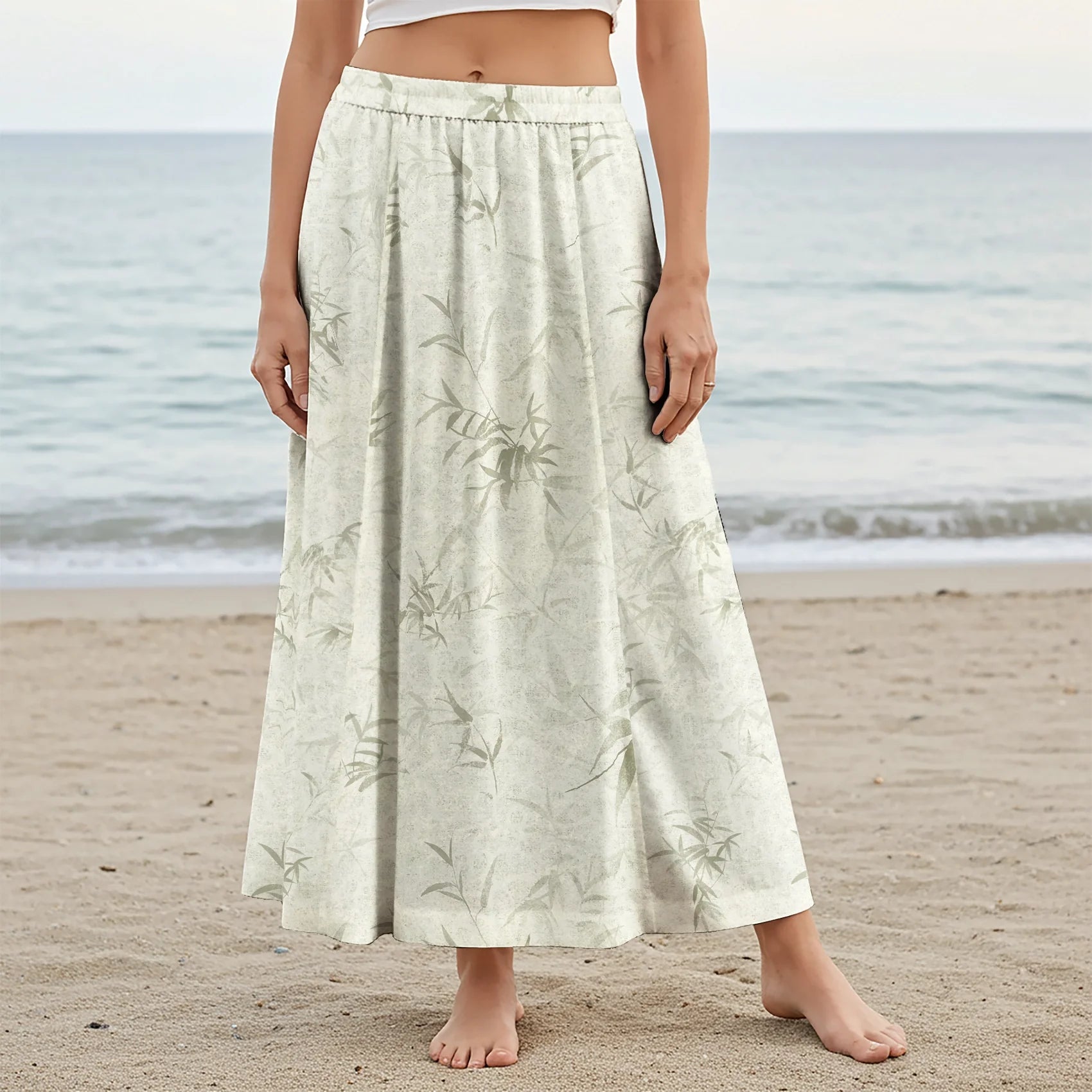 Women Casual Maxi Skirt Long Elastic Waist with Pockets 100% Cotton Green Aloha Misty Green Leaves