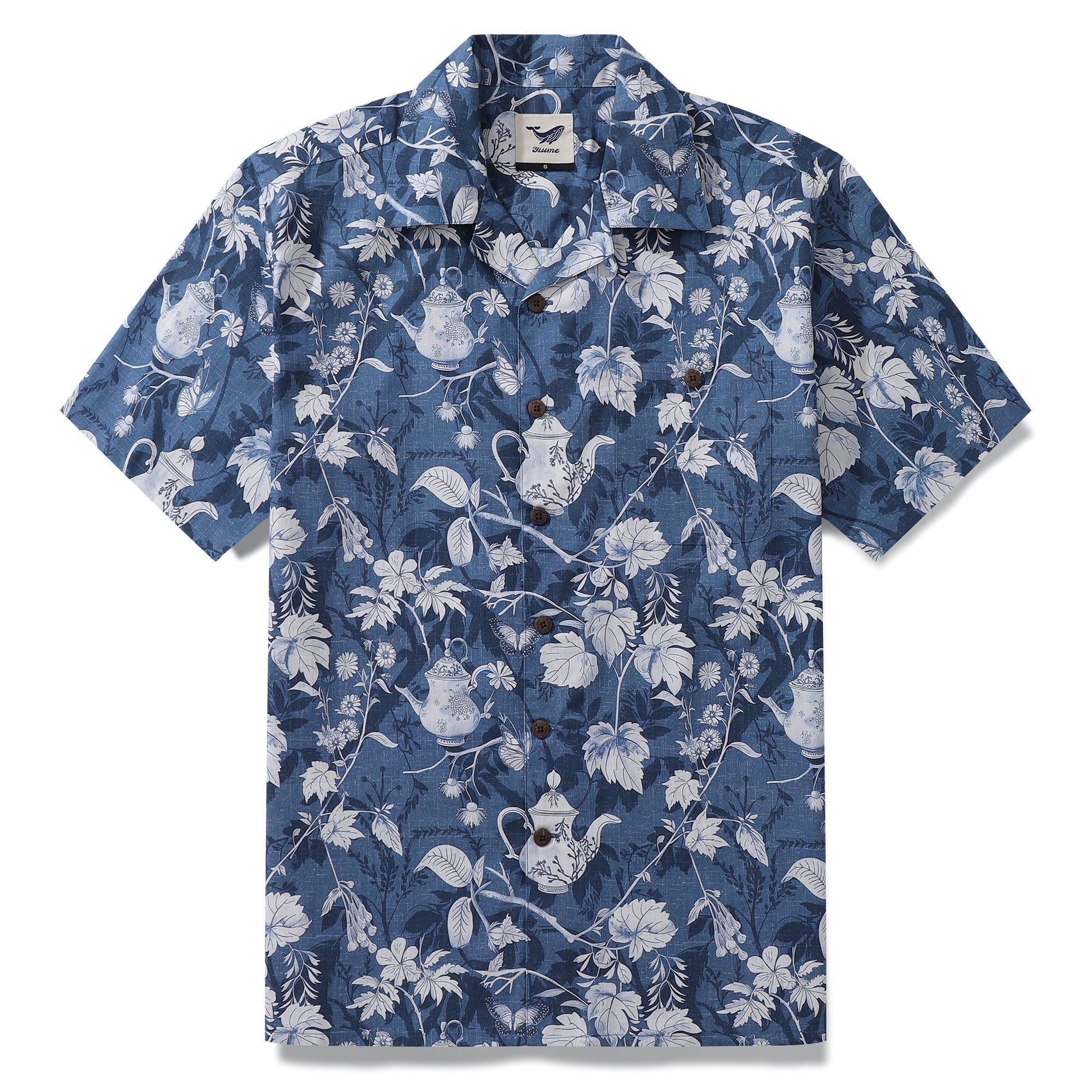 100% Cotton Hawaiian Shirt For Men Porcelain Camp Collar Shirt