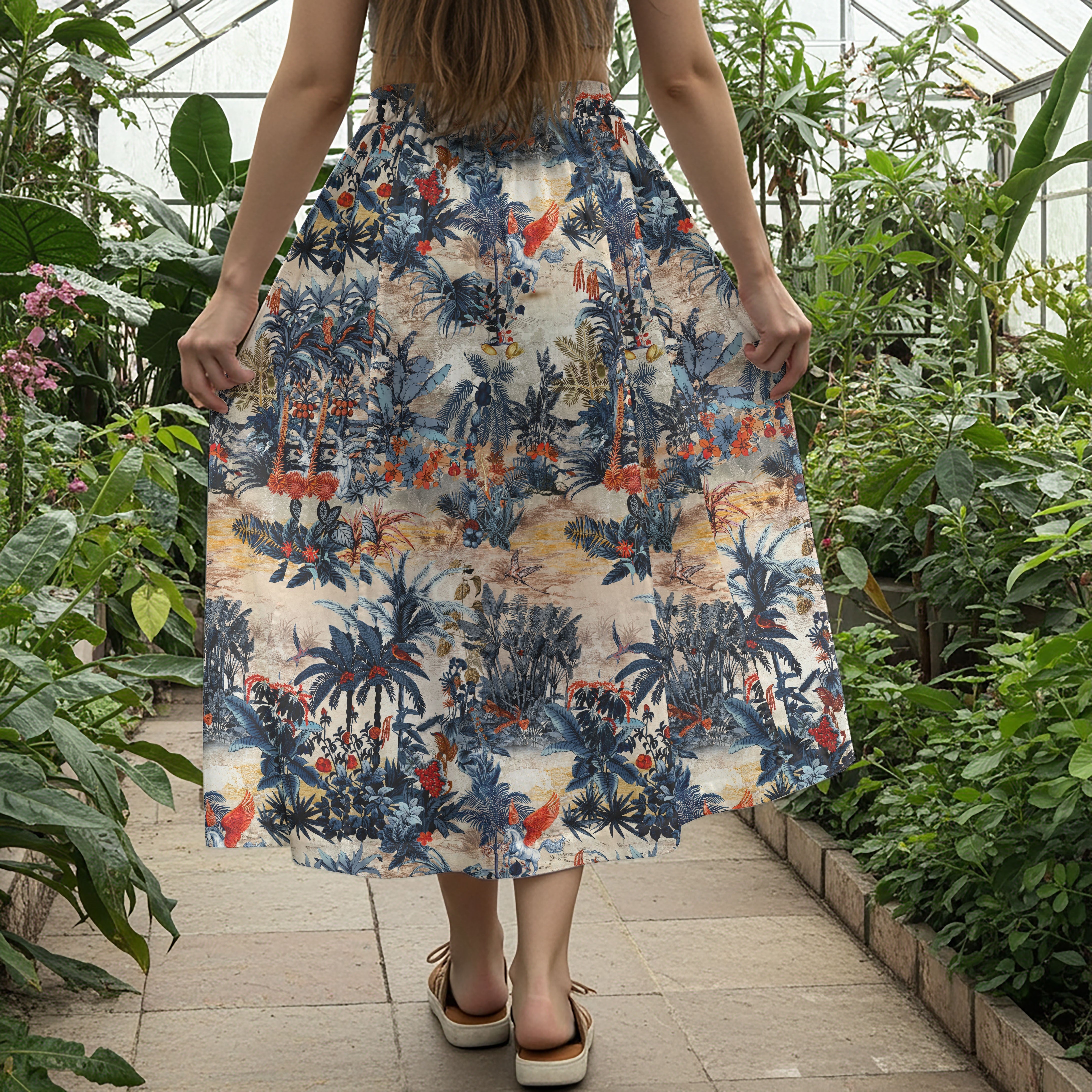 Women Casual Maxi Skirt Long Elastic Waist with Pockets 100% Cotton Blue Aloha Enchanted Forest Realm