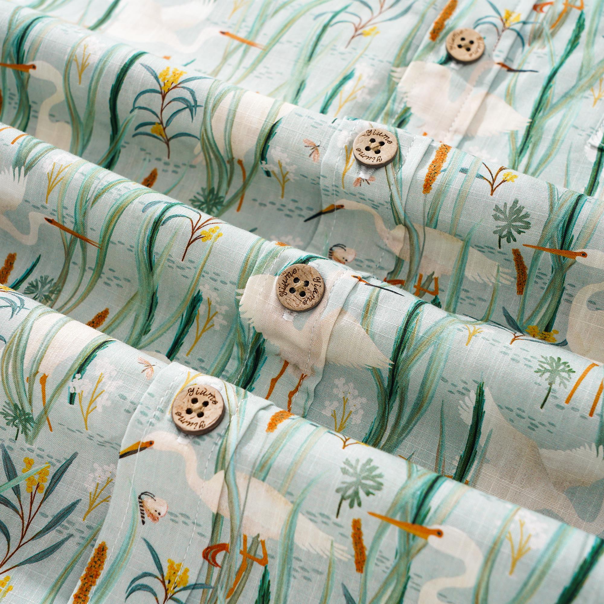 Men's Hawaiian Shirt Short Sleeve Button-down 100% Cotton Green Aloha Birds of the Billabong By Kristen